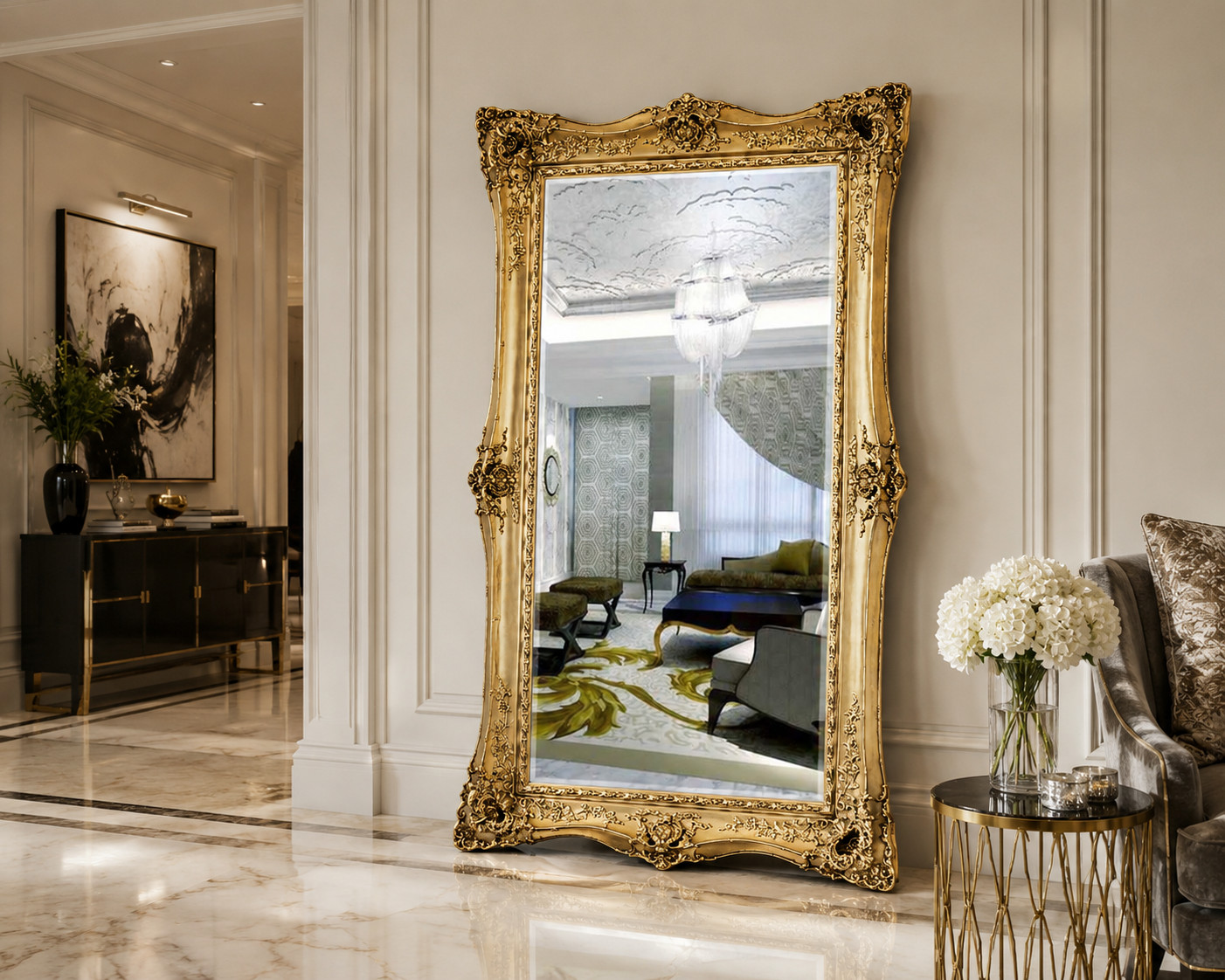 Elegant 90” Hand-Painted Ornate Full-Length Floor Mirror – Wood Frame
