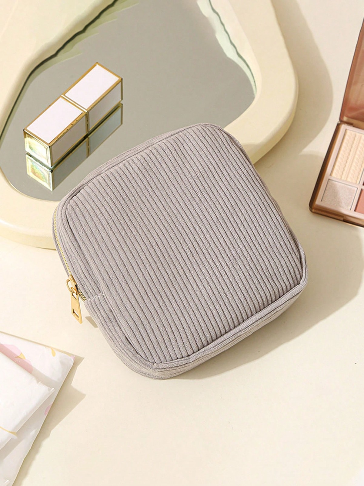 Gray Solid Color Corduroy Period Bag With Zipper For Pads Tampons