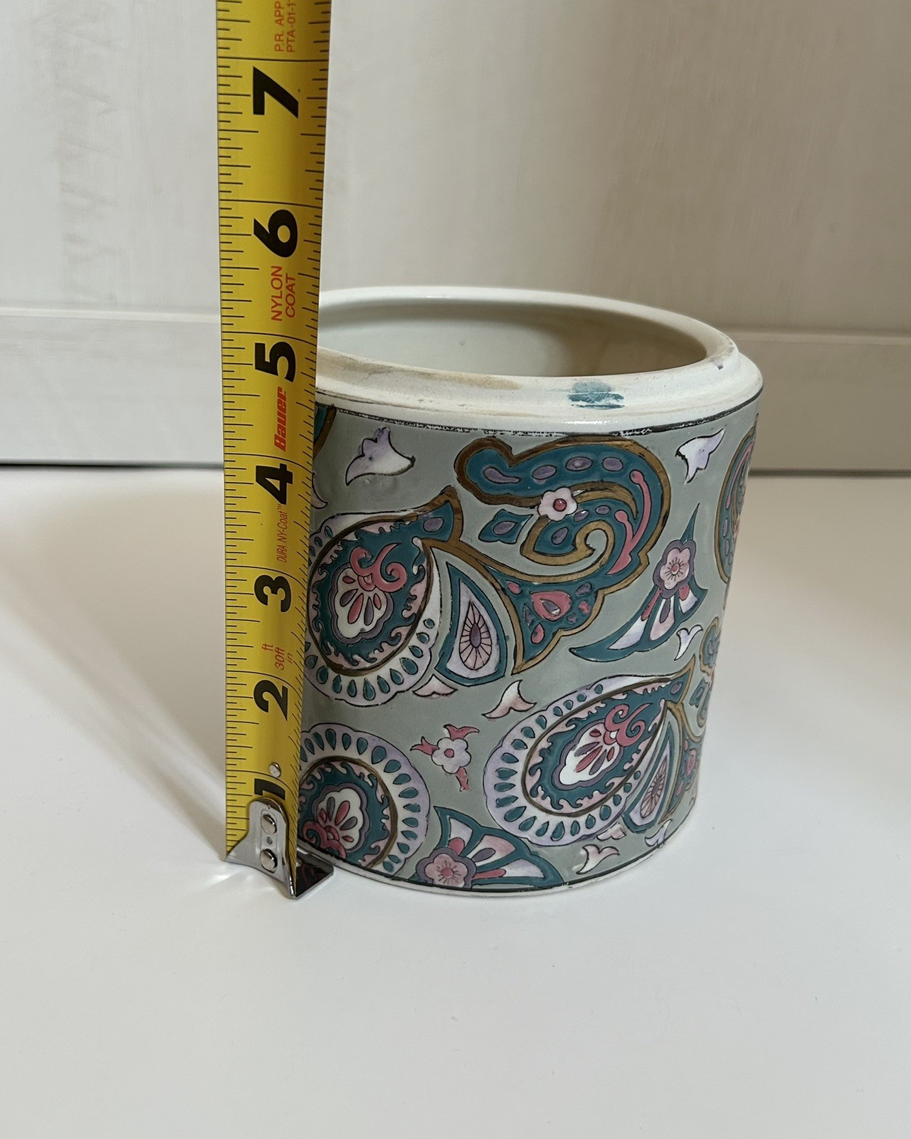 Decorative Ceramic Jar with Lid 6&Prime; — Teal & Pink Paisley Chinoiserie Canister