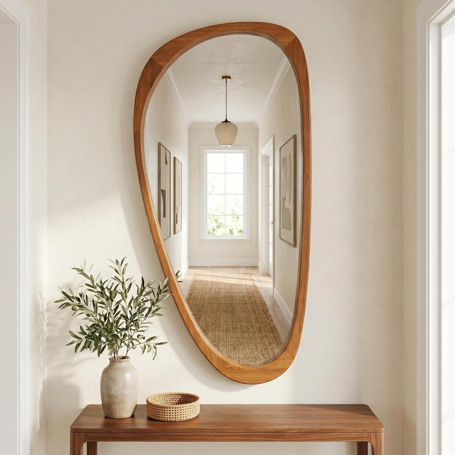 Solid Wood 48×24 Mirror,Warm Walnut Full Length, Organic Asymmetrical Wall Mount