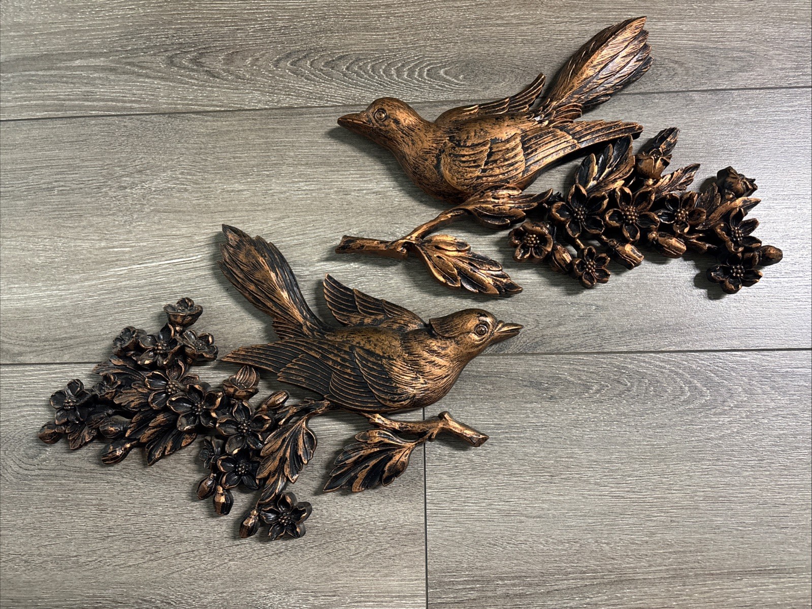 Vintage MCM Birds Dogwood Branch Wall Plaques Coppercraft Guild Set of 2