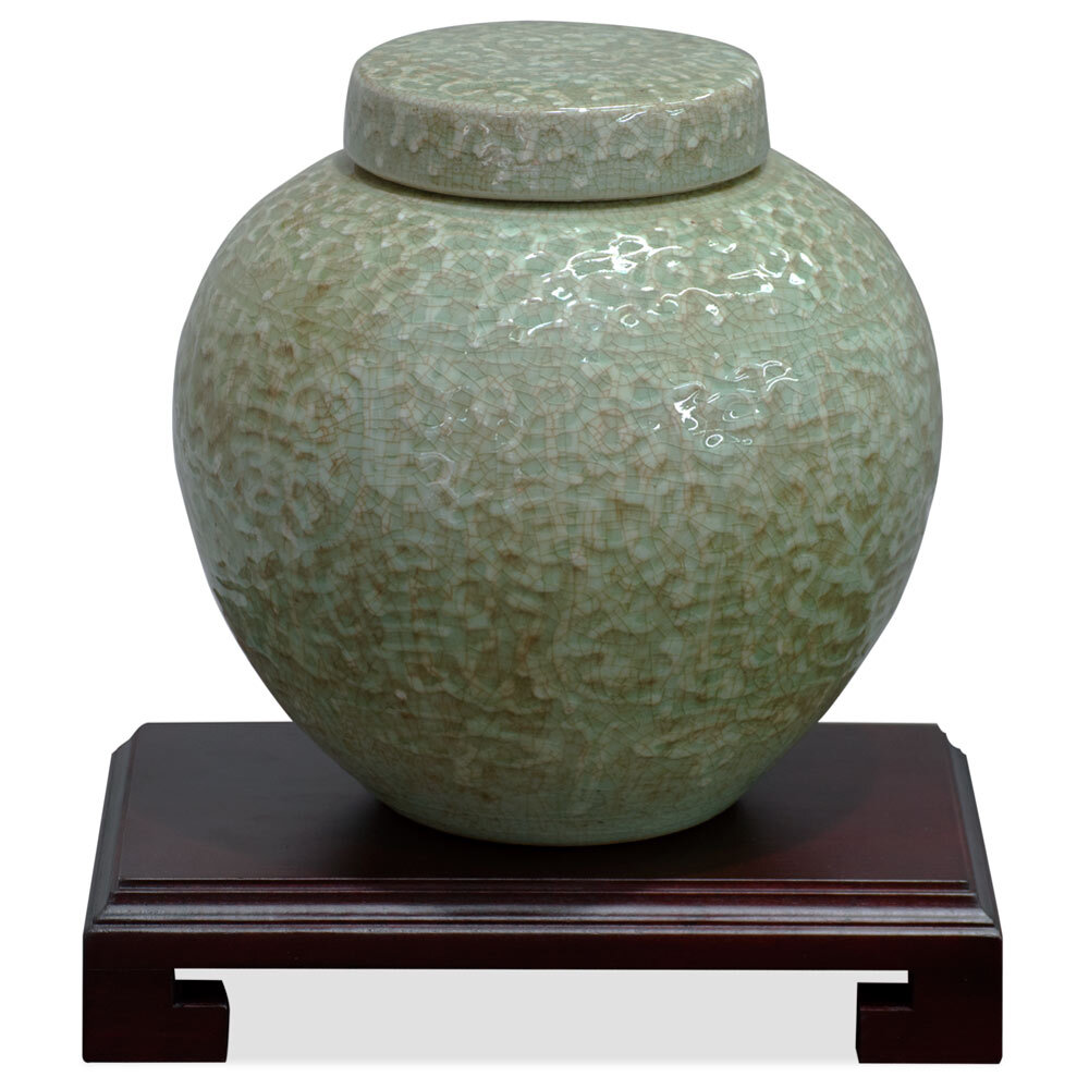US Seller – Green Qing Dynasty Crackle Porcelain Chinese Jar