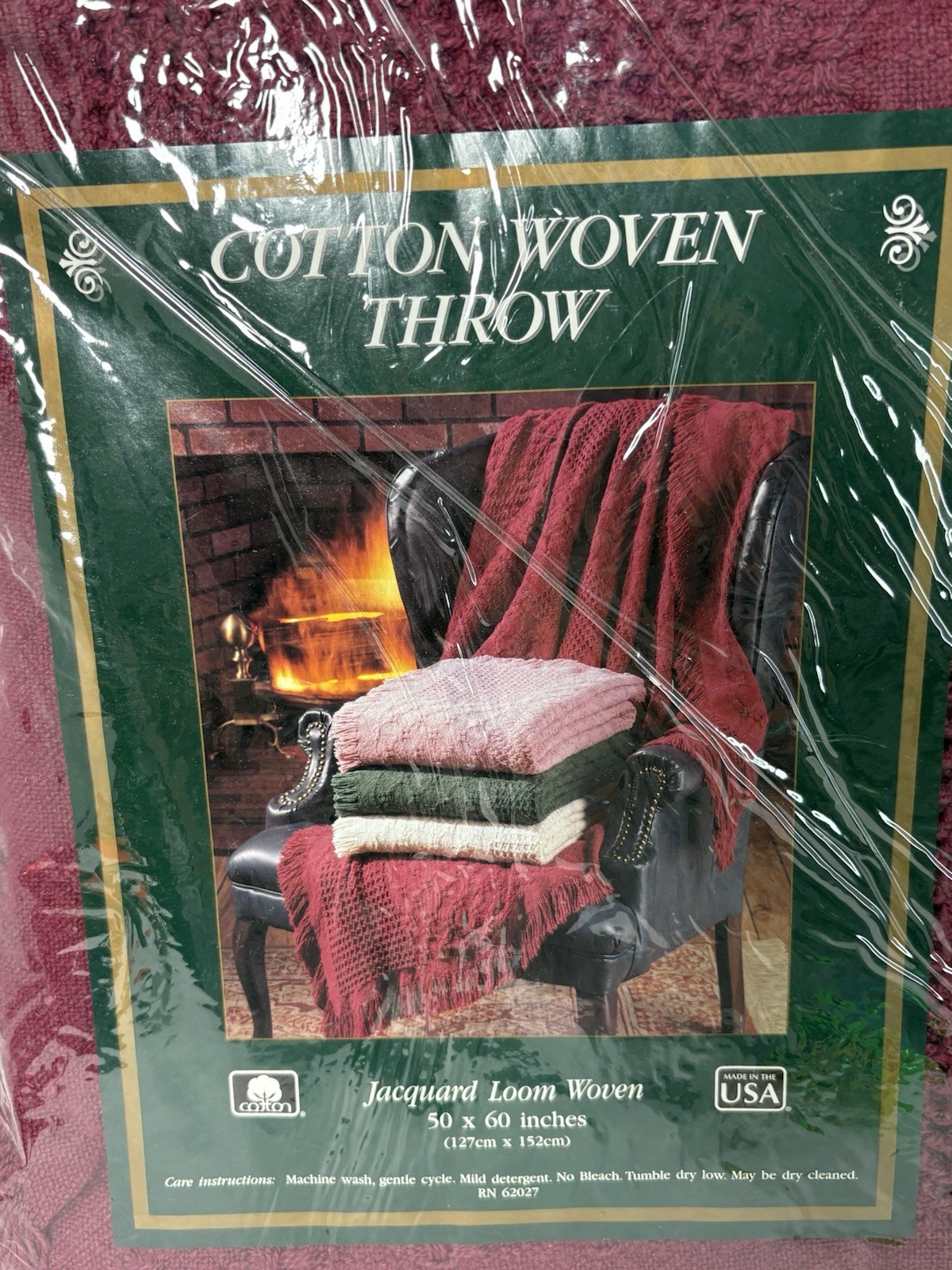 New Jacquard Cotton Loom Woven Throw Blanket Burgundy Solid Color USA Vintage