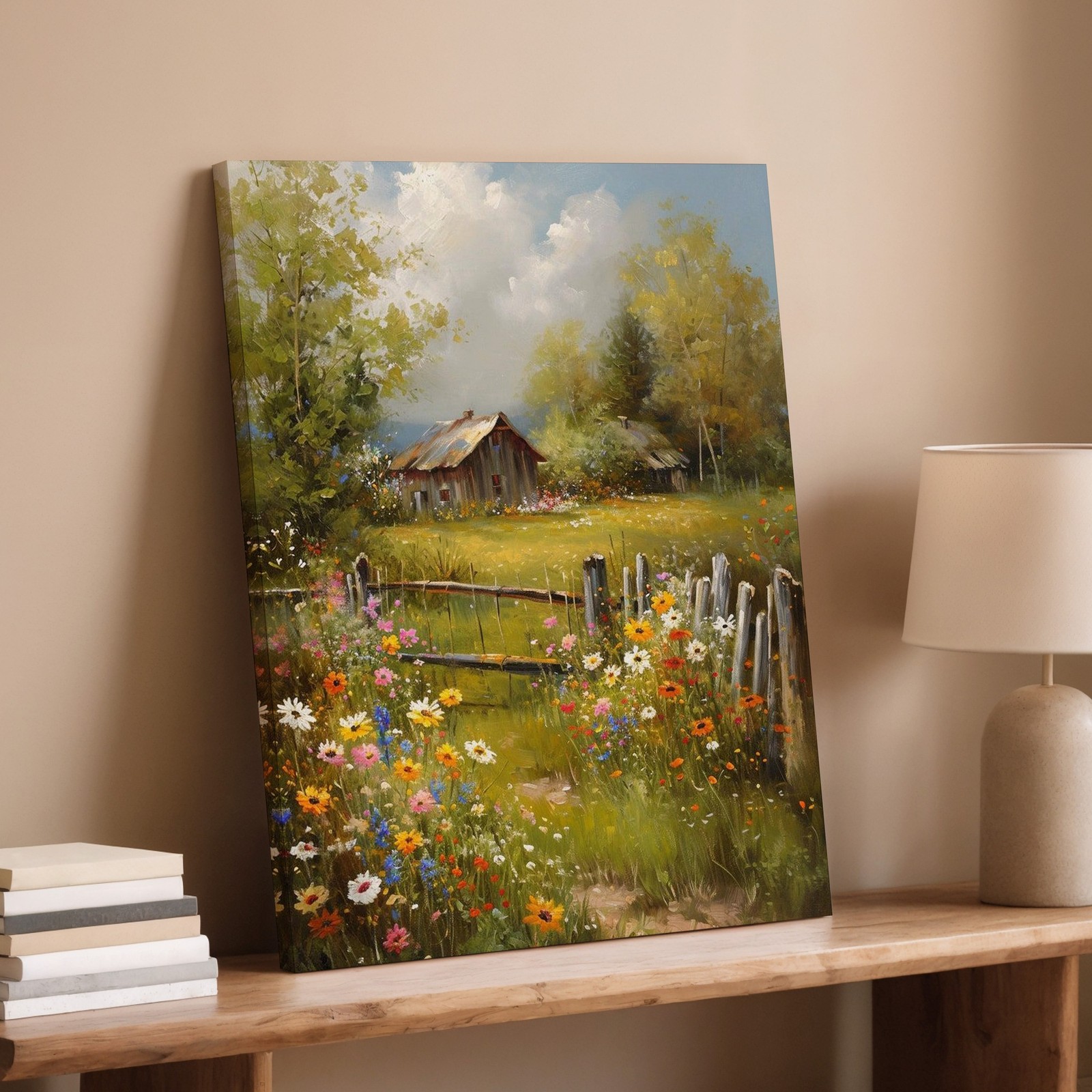 Rustic Country Landscape Canvas Wall Art Floral Meadow Barn Scene Decor Print