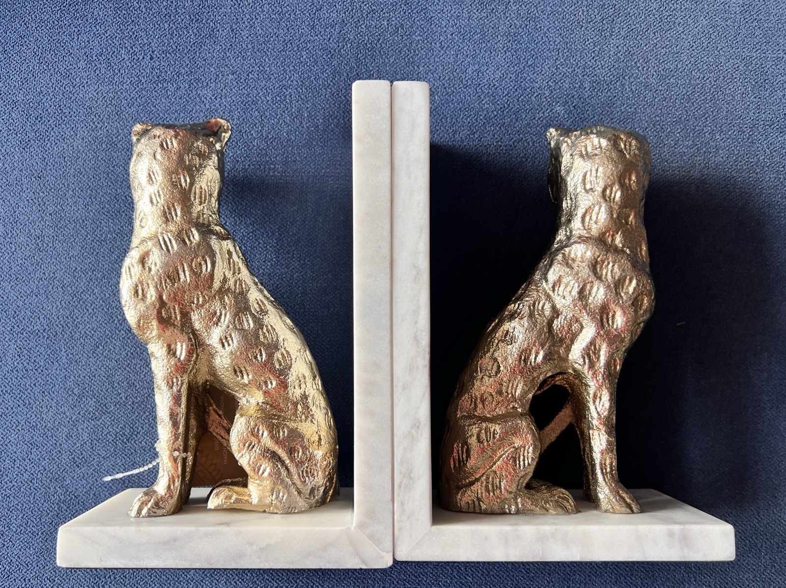Pair Cheetah Leopard Bookends Marble Alabaster Base Gold White 7.25&Prime;H Elegant