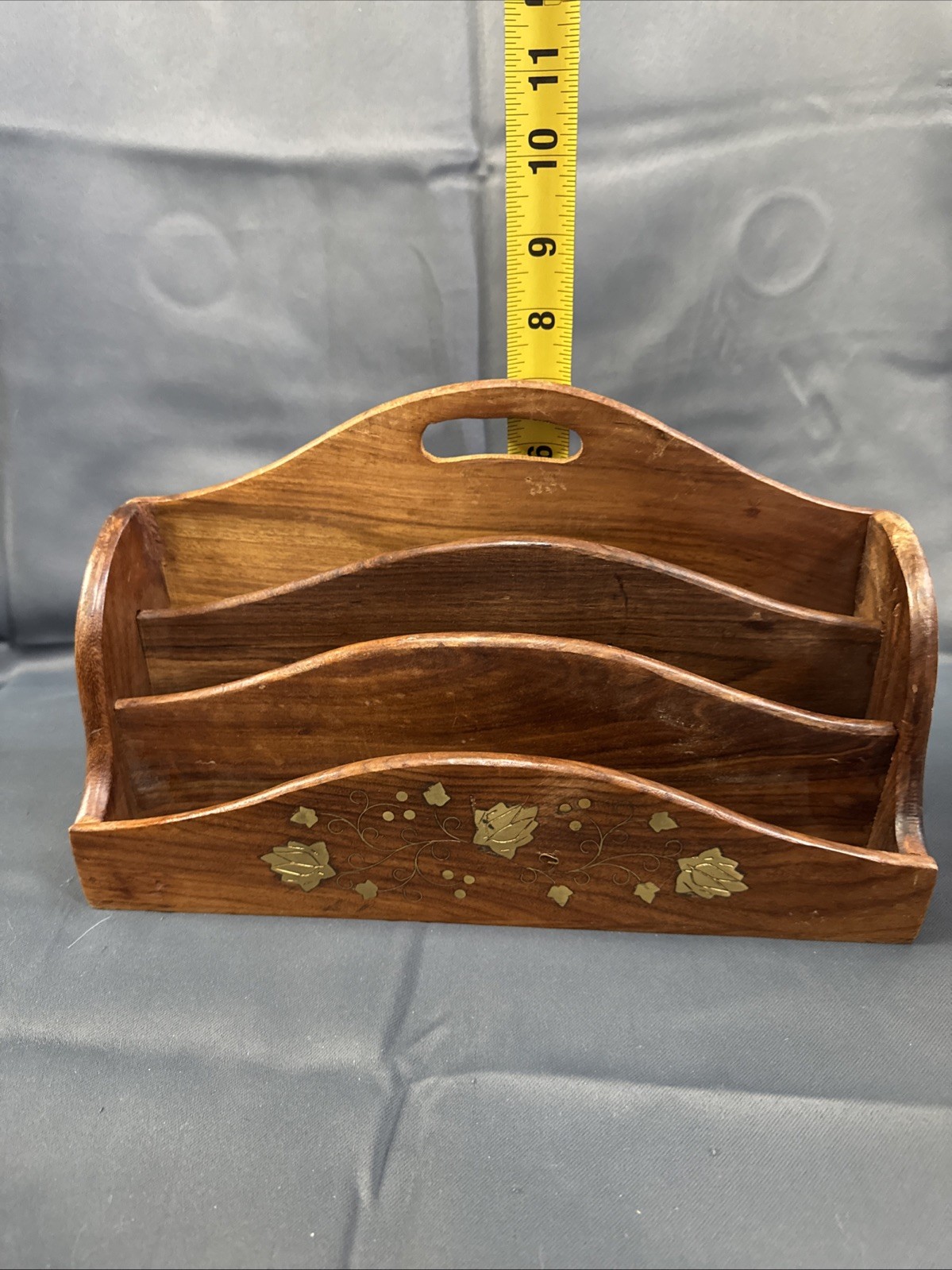 Vintage • Wood • 3-Compartment • Brown w/Gold Accents • Freestanding Mail Holder