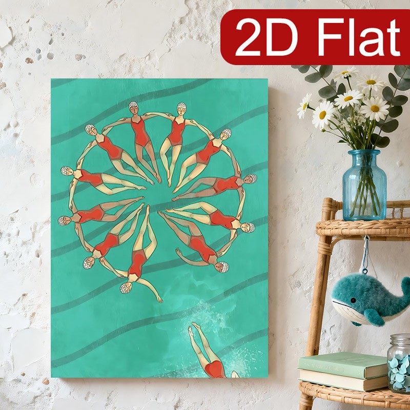 Synchronized Swimmers Red and Teal Canvas Wall Art, Art Deco Inspired Home Decor