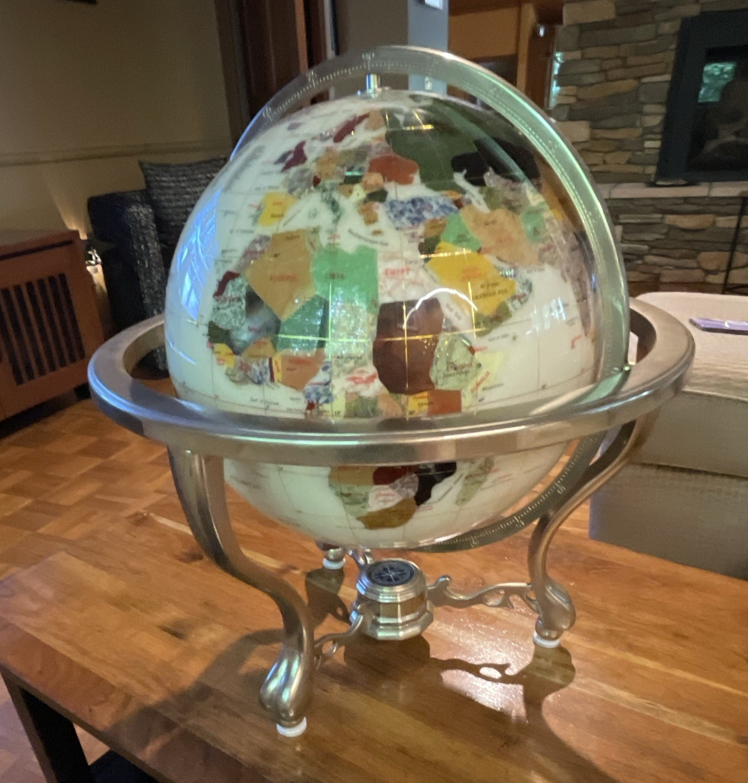 Large Decorative Gemstone Tabletop Globe with Metal Stand Multicolor