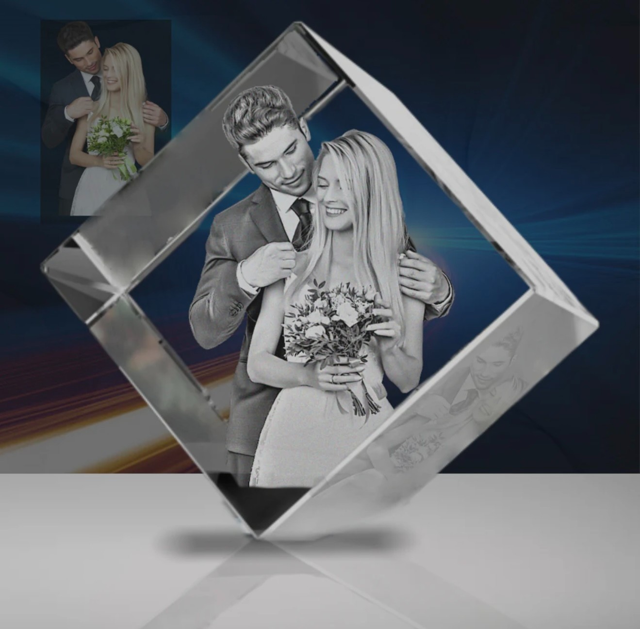 Personalised Diamond engrave 3D Photo Crystal block photo customised cut corner