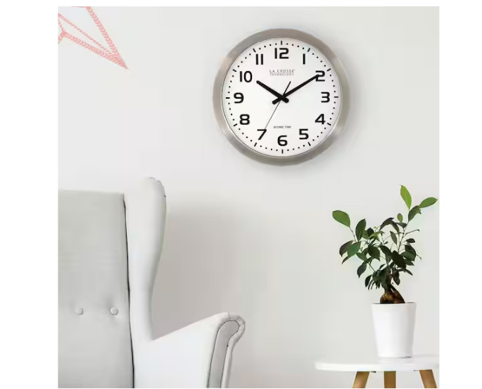 16 In. White Dial Brushed Silver Atomic Analog Wall Clock