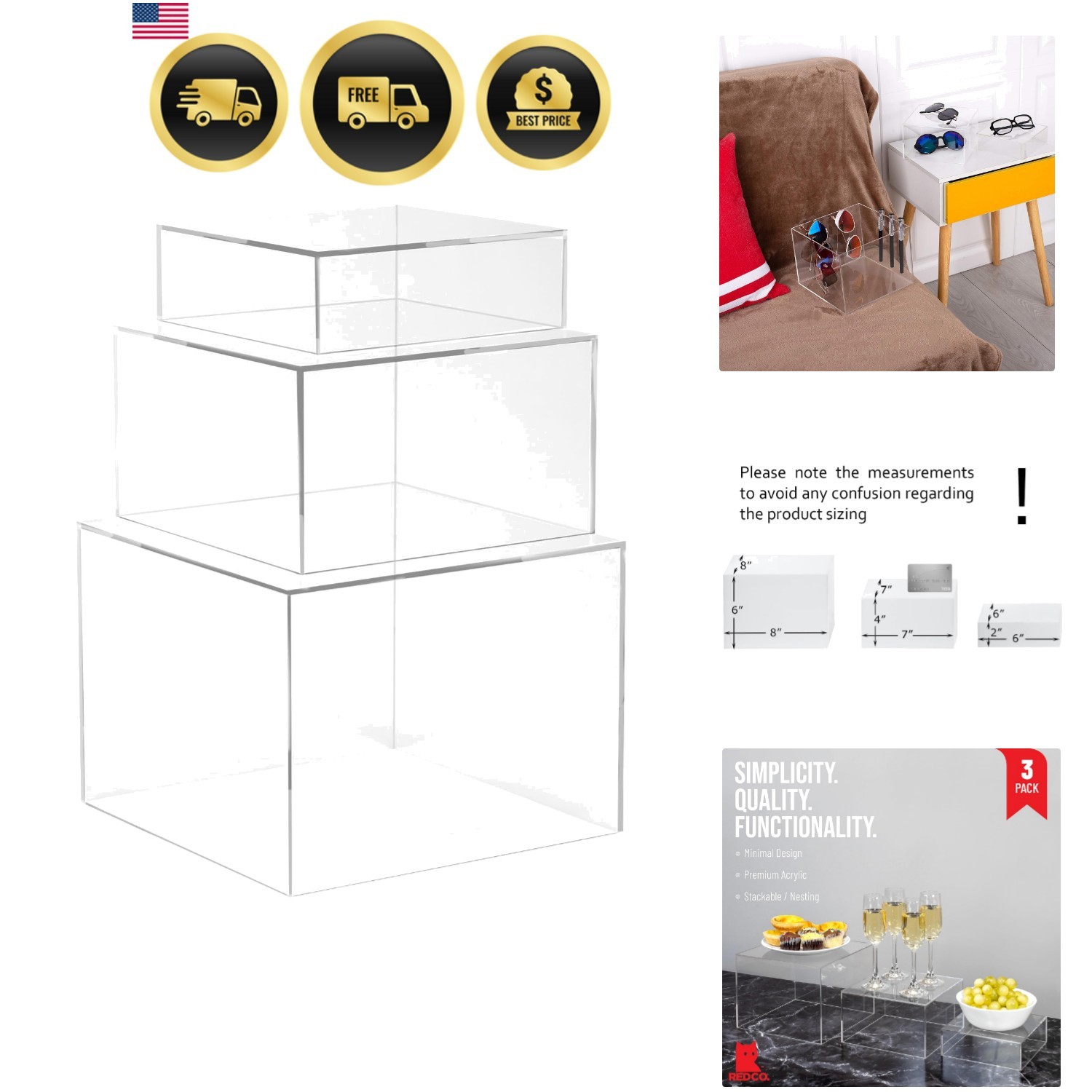 Set of 3 Crystal Clear Acrylic Cube Display Nesting Risers with Hollow Bottom…