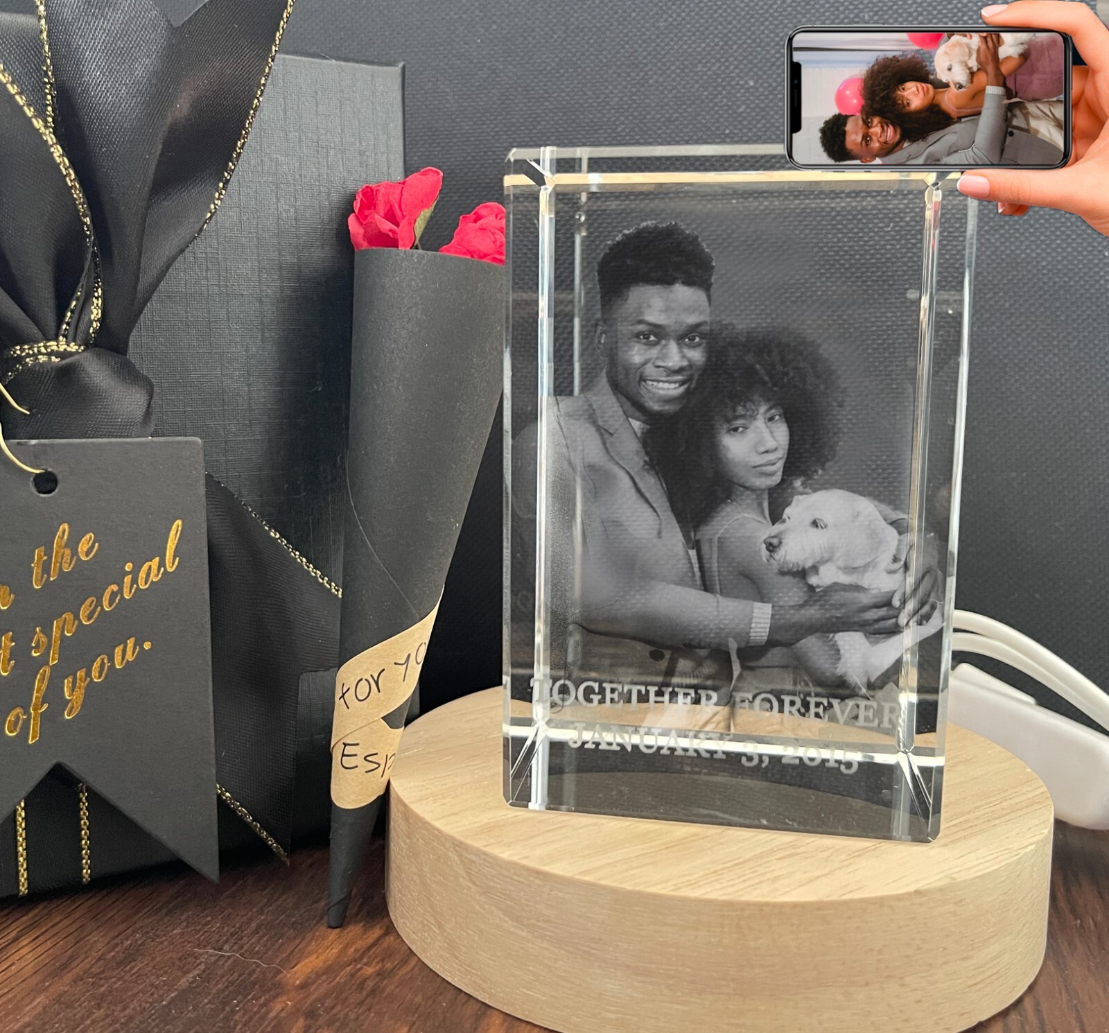 Personalized 3D Laser Photo Crystal Custom Picture Valentines Gifts Set You Pick