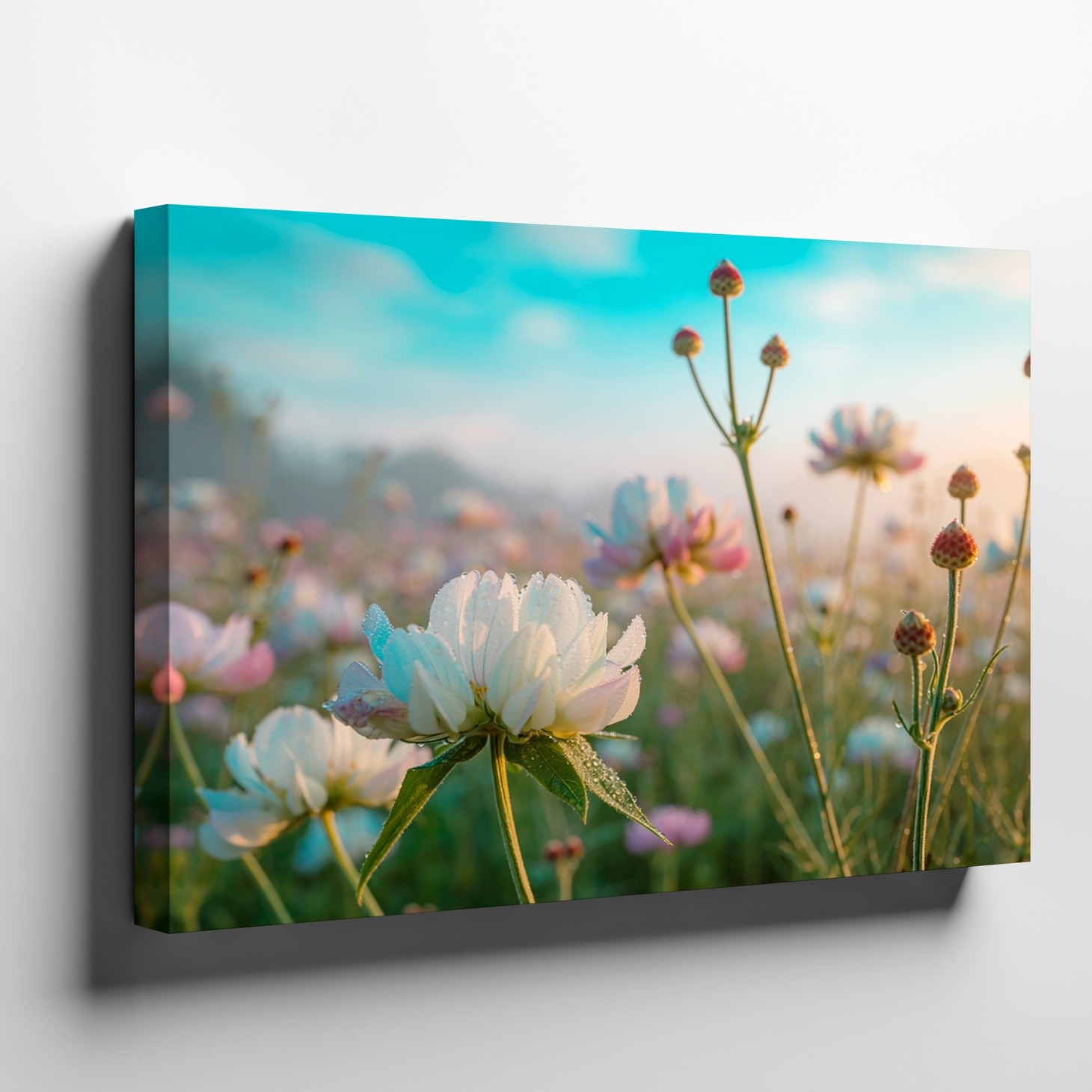 White and Pink Wildflowers with Morning Dew Soft Focus Nature Canvas Print Decor