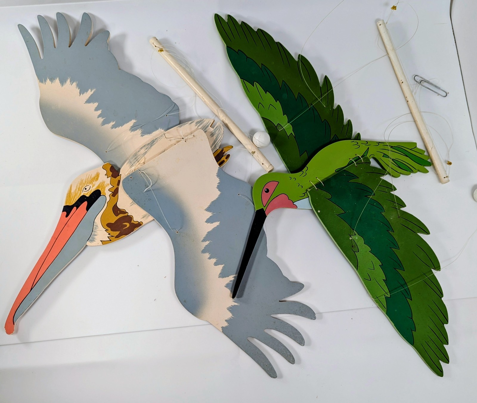 Handcrafted VTG Wooden Flying Birds Lot of 2 Hanging Pelican Hummingbird Project