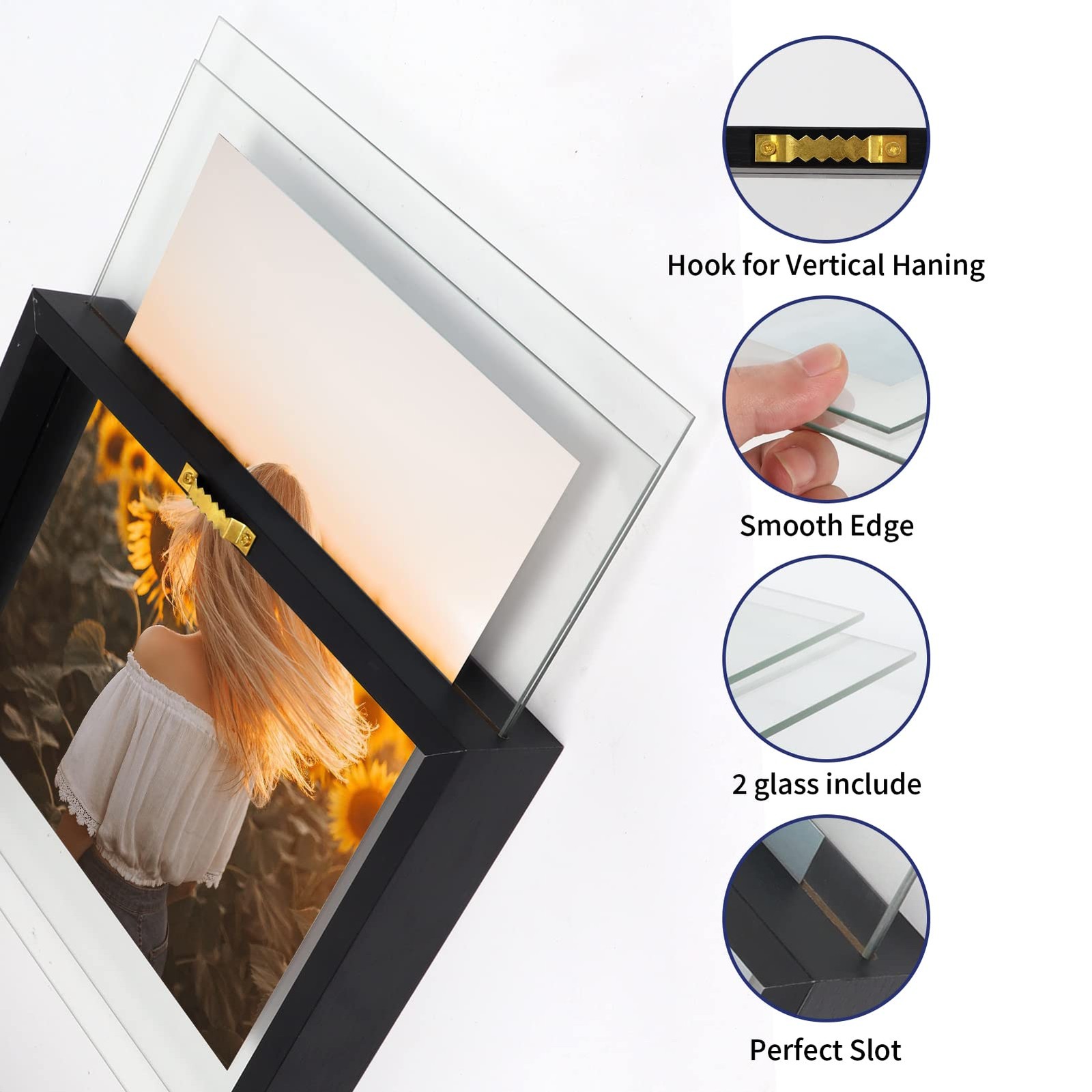 Black 8×10 Floating Picture Frame 2 Pack, Double Glass Distressed Floating Ph…