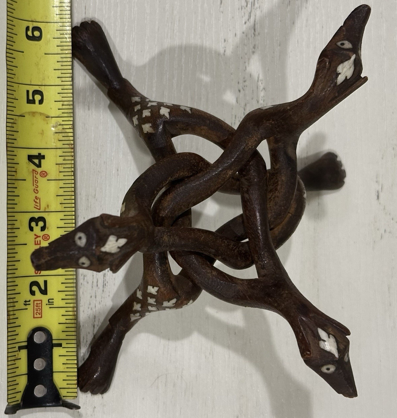VTG Hand Carved Wood Tripod Holder Stand Mother Of Pearl Inlay See Description