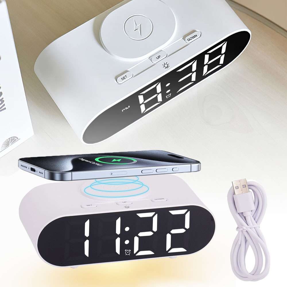 Modern Digital LED Nightstand Alarm Clock With Wireless Phone Charger NEW