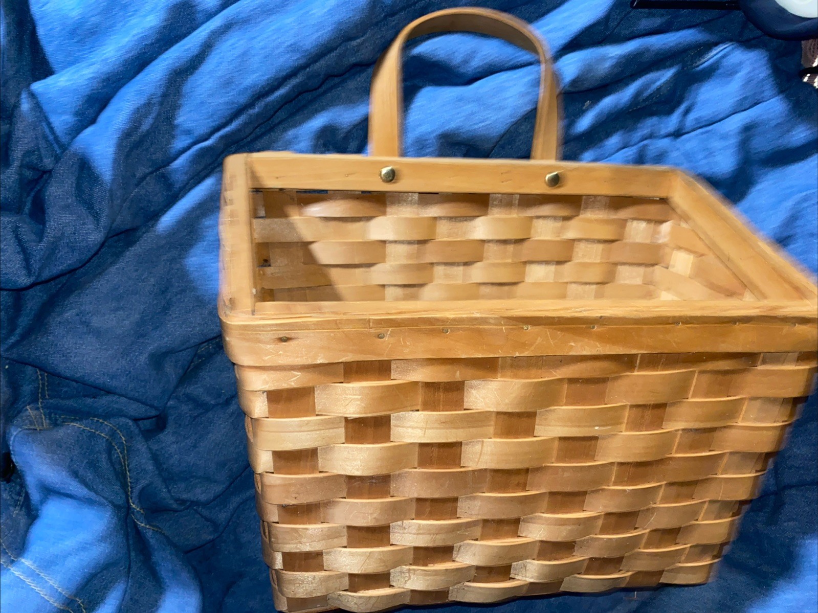 Vintage Wall Basket Hang Wood Loop Pocket Weave 10” Long Rectangle 8” Back Wall