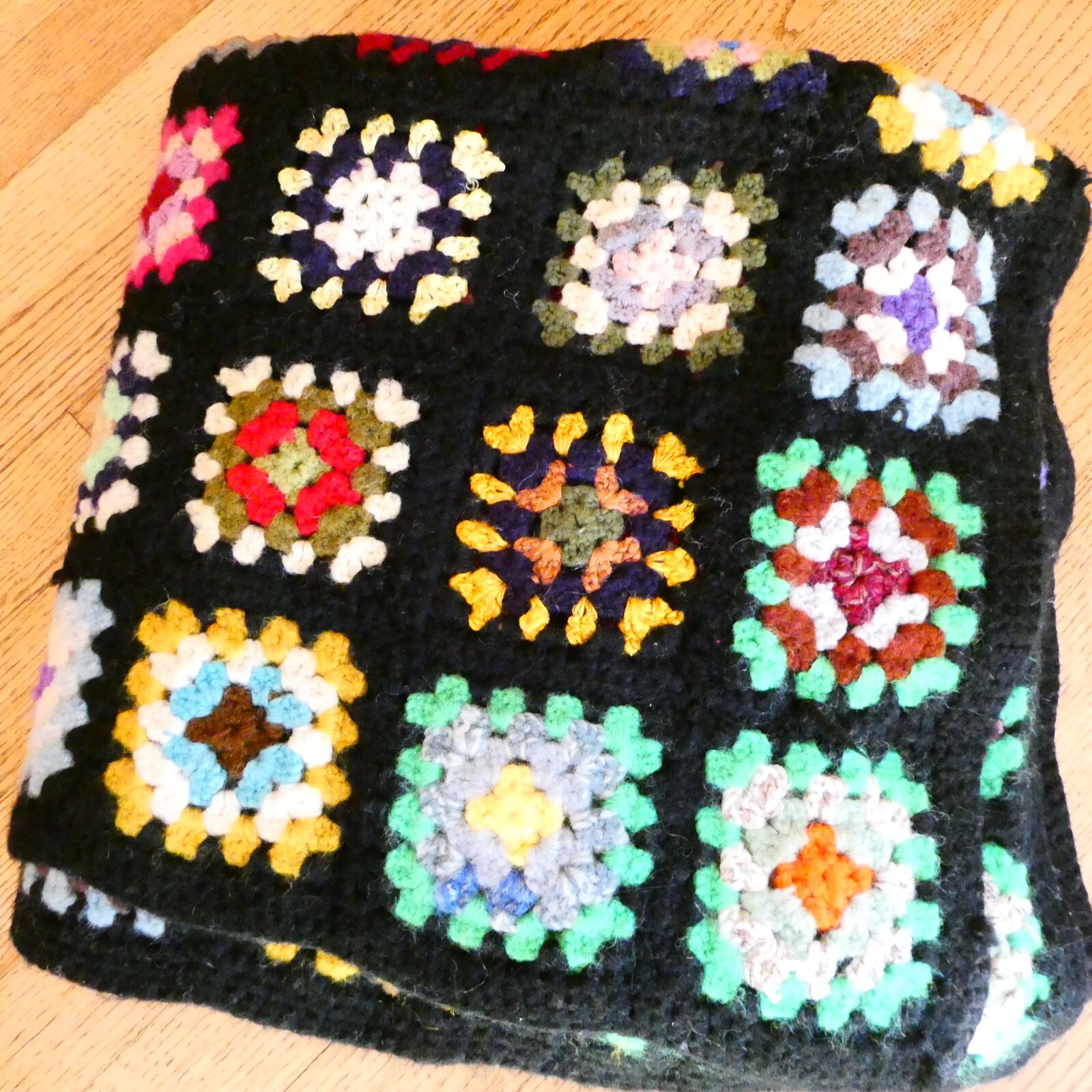 Granny Square Crochet Afghan Black Multicolor 44×56 Wool Grannycore Lap Throw