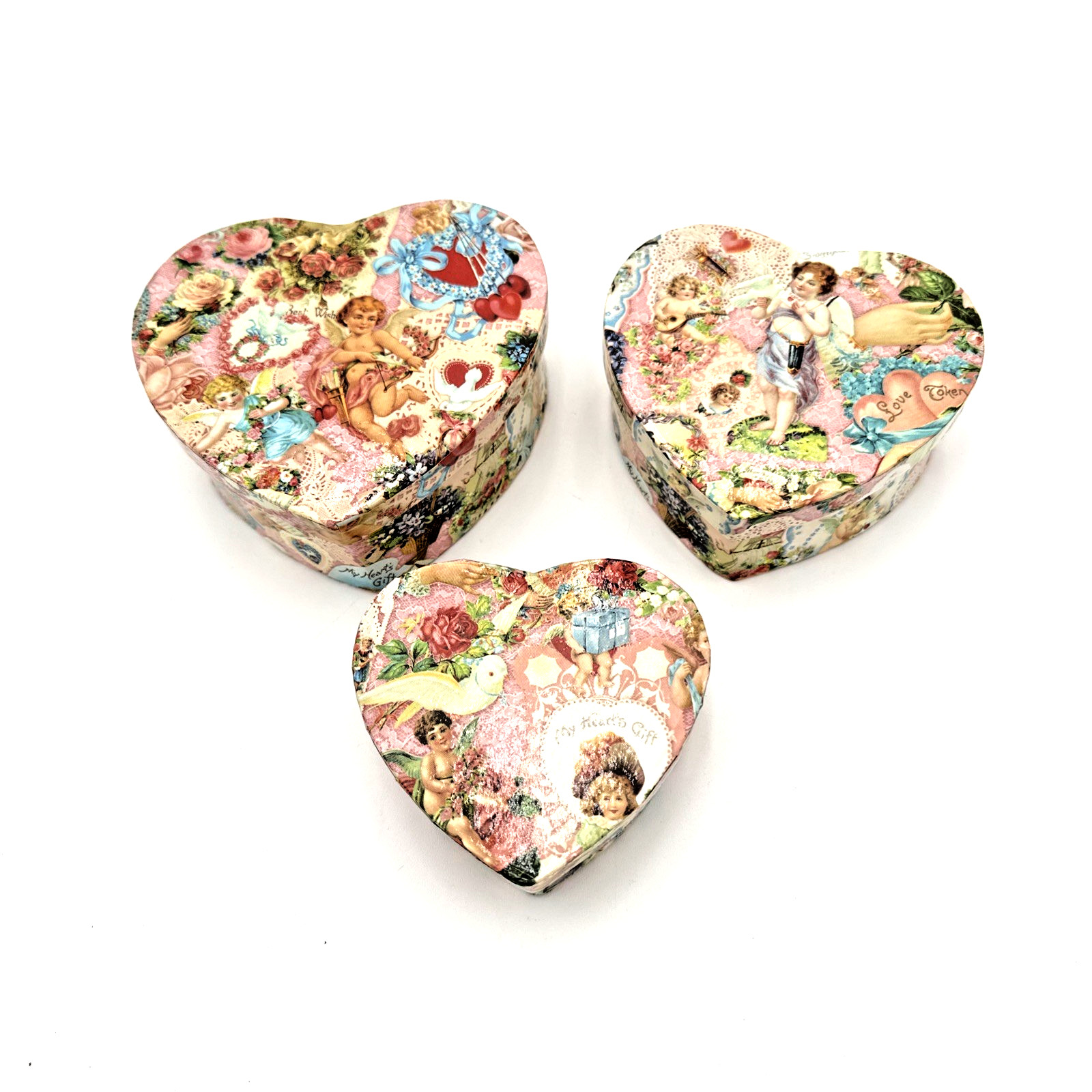 Heart Boxes with Lids Set of Three Sizes See Photos Cupid Roses Birds Decoupaged