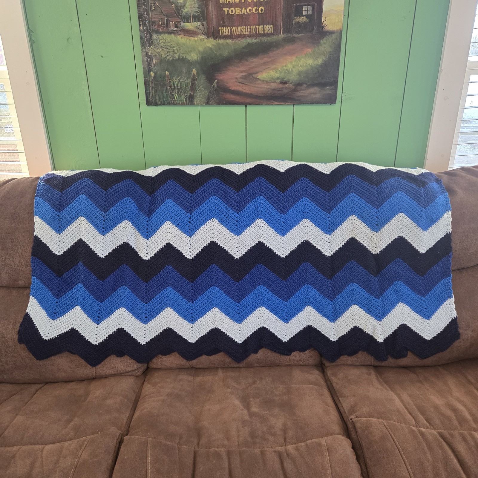 Crochet Chevron Afghan Blanket Throw Knit Blue Ombre Striped 68&Prime;x52&Prime;