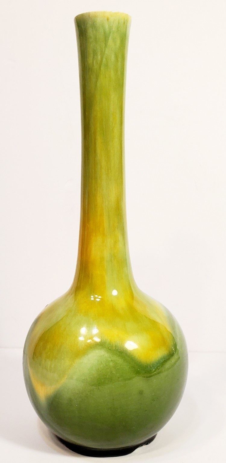 Vintage Studio Pottery Vase Drip Glaze Green Yellow MCM Bottle Vase Palm Springs