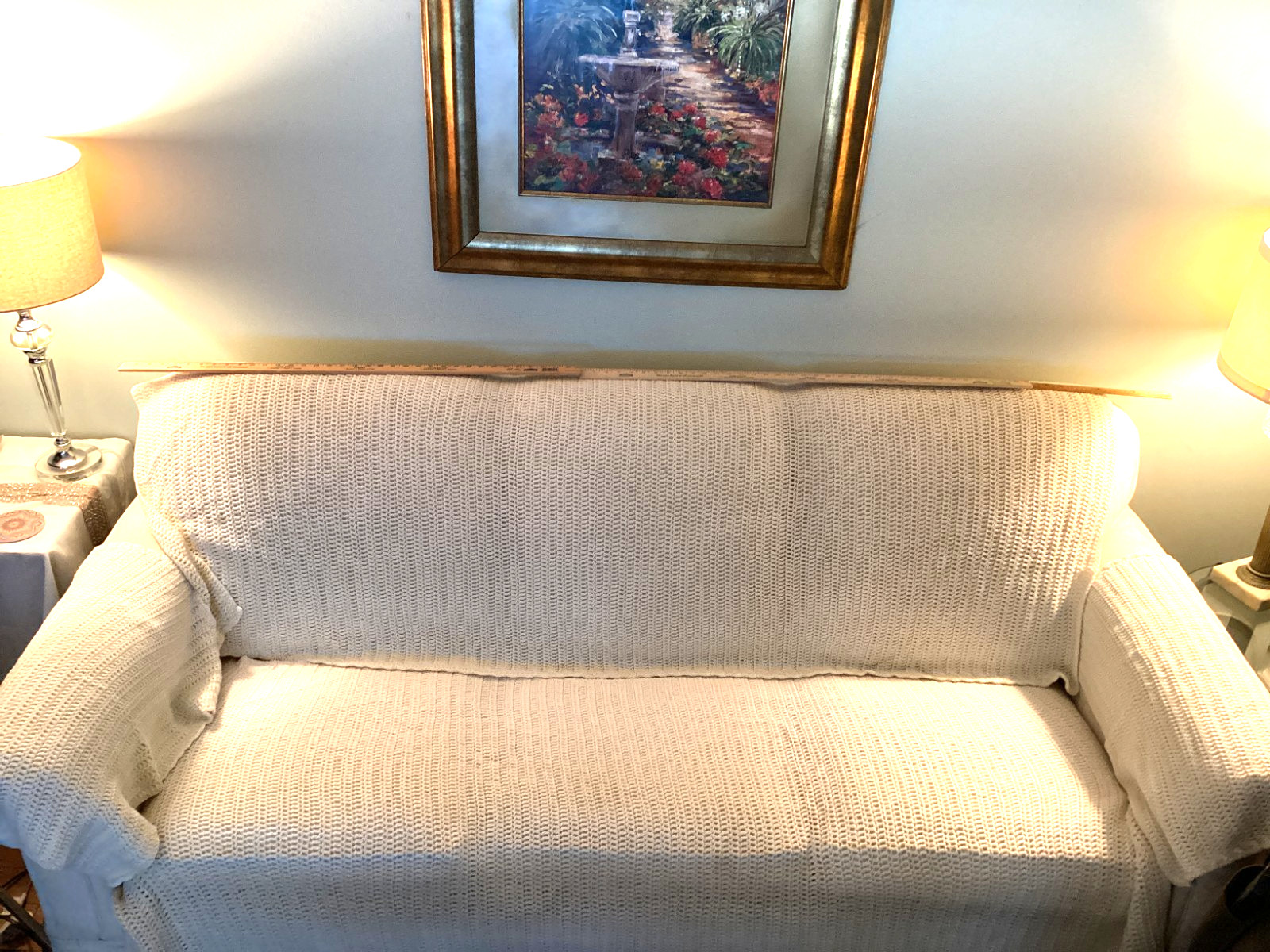 Hand Made Knitted Sofa Cover with arm covers. Fits Large sofa 43&Prime; Cream color
