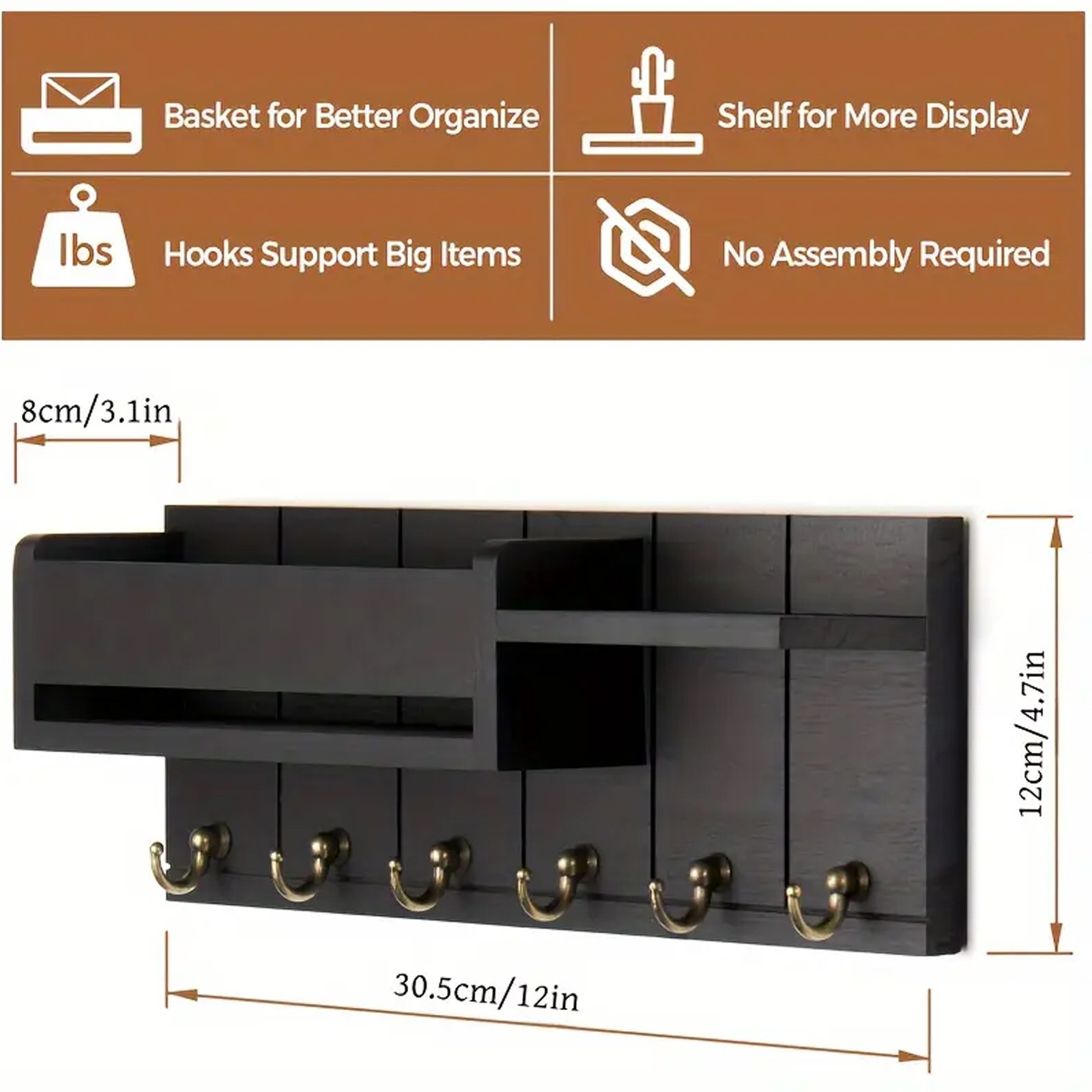 Wall-Mounted Key Holder & Mail Organizer with Hooks – Entryway Storage & Decor