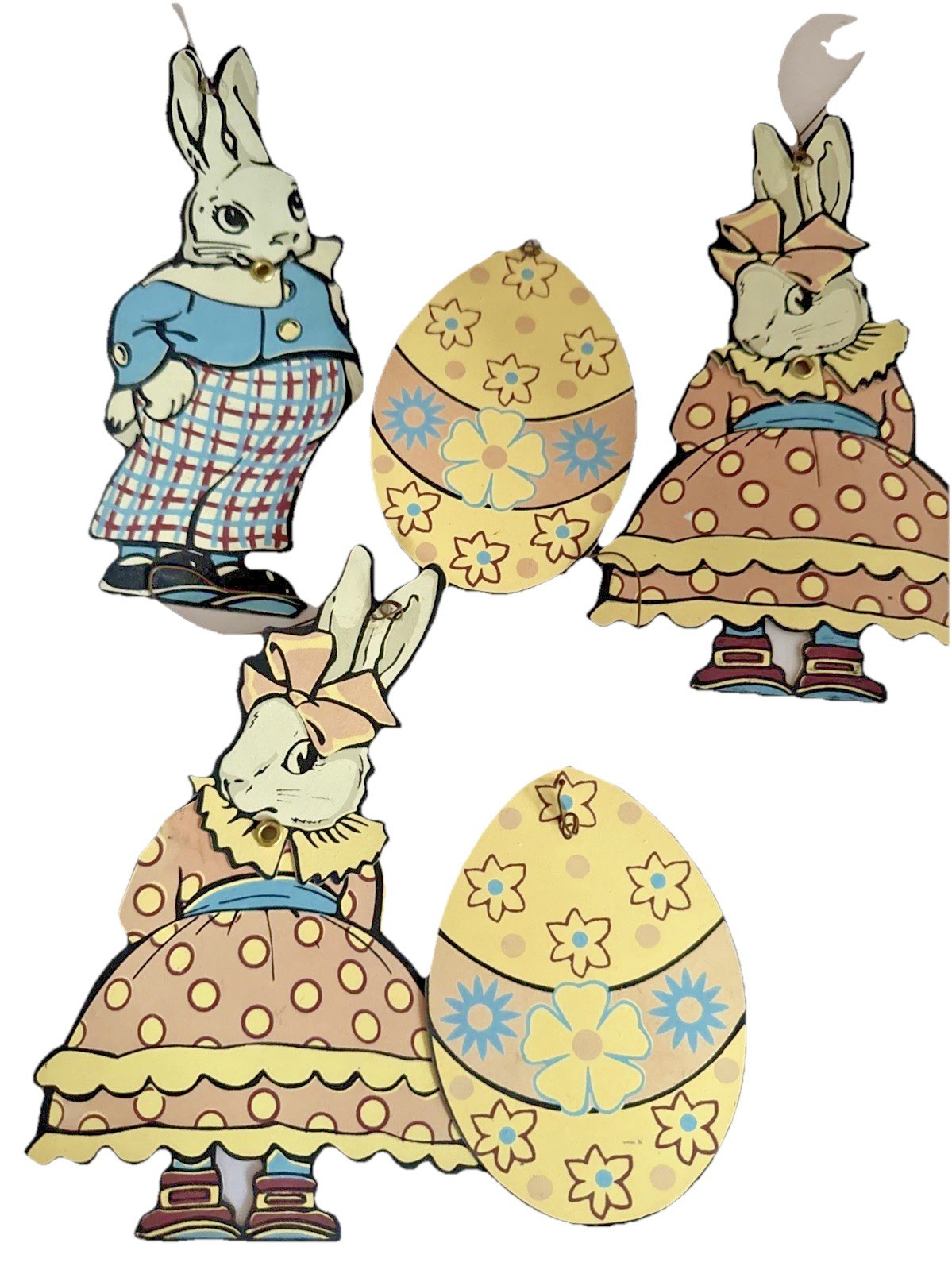 Metal Tin Easter Bunny Rabbit Ornament 5 Pc Tree Decor Vintage Retro Yellow Blue