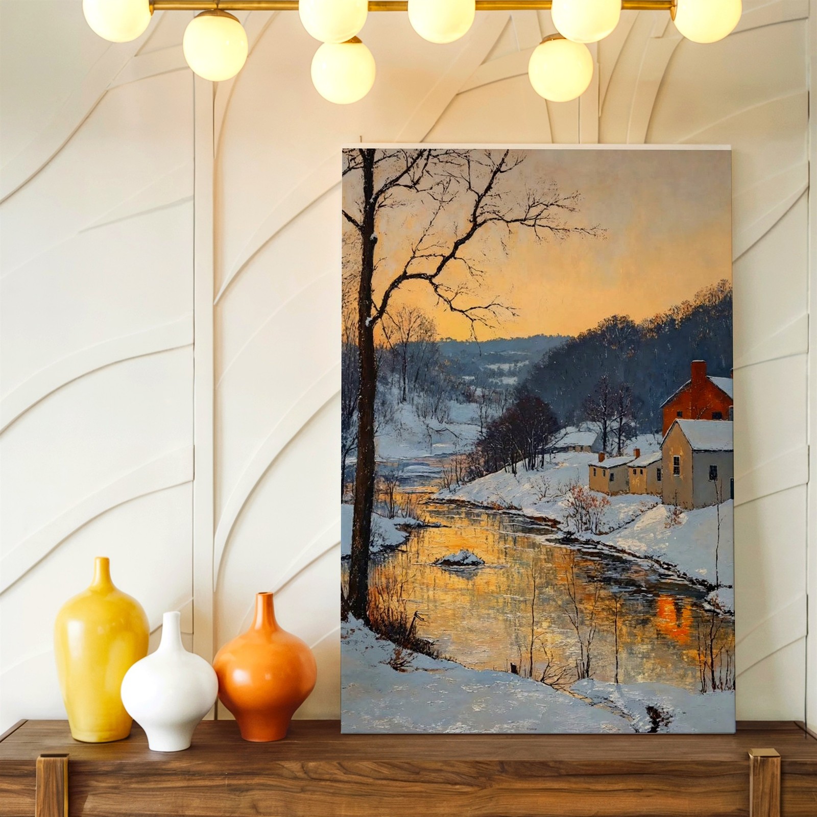 Wall Art Winter River Landscape Print Snowy Village Sunset Cabin Painting Decor