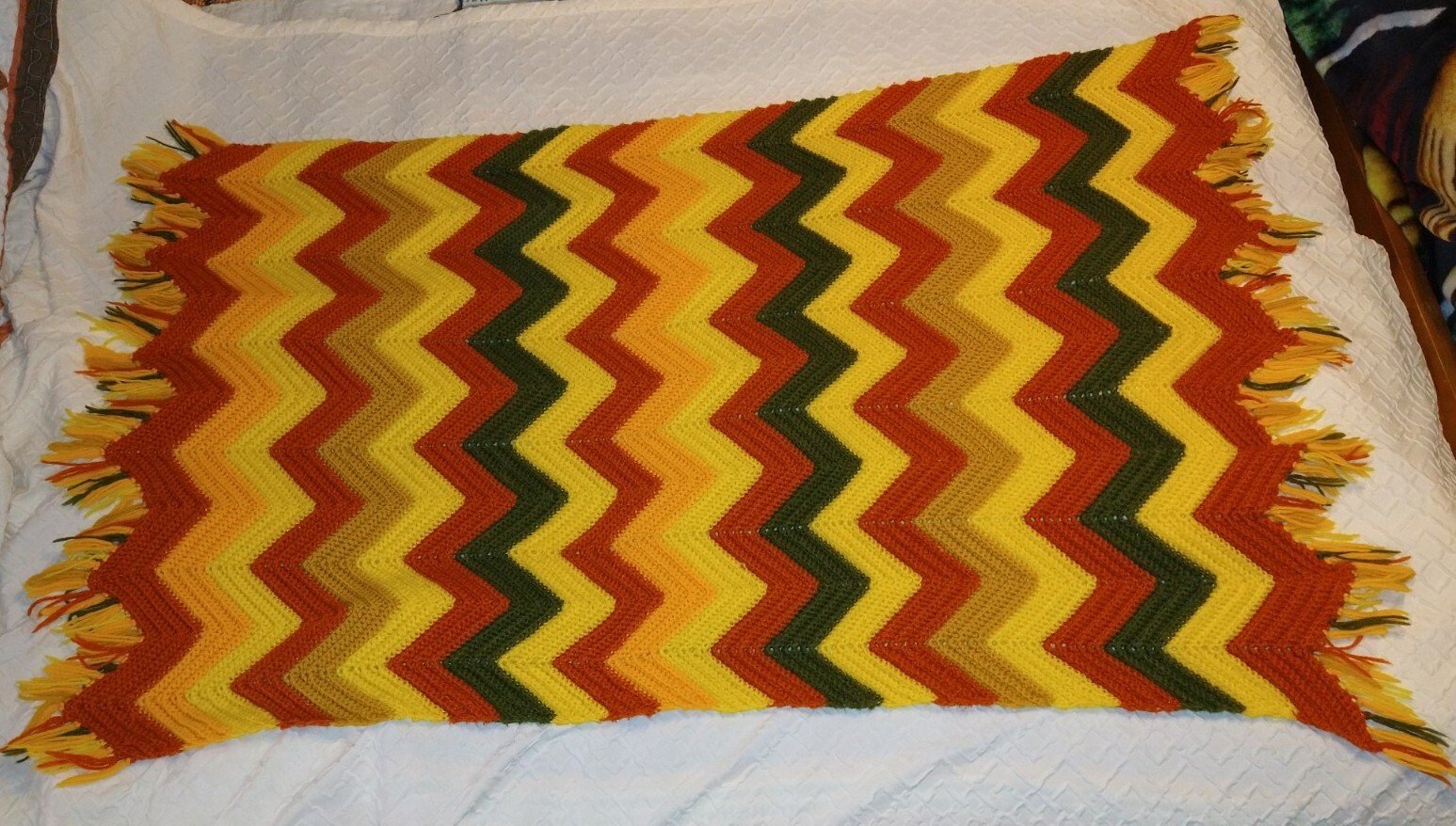 Crochet Throw – Orange Green Yellow – 5&prime; x 3&prime; Zigzag Stitch w Fringe – Handmade