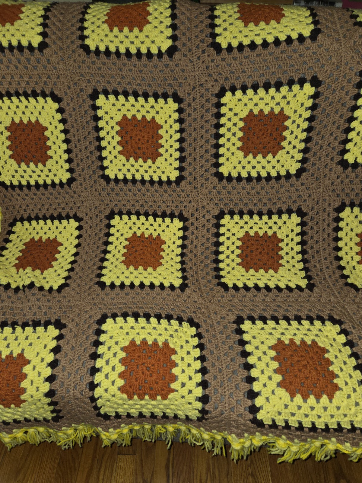 Handmade Crochet Granny Square Afghan with Fringe 51&Prime; x 75&Prime; Mutlicolor