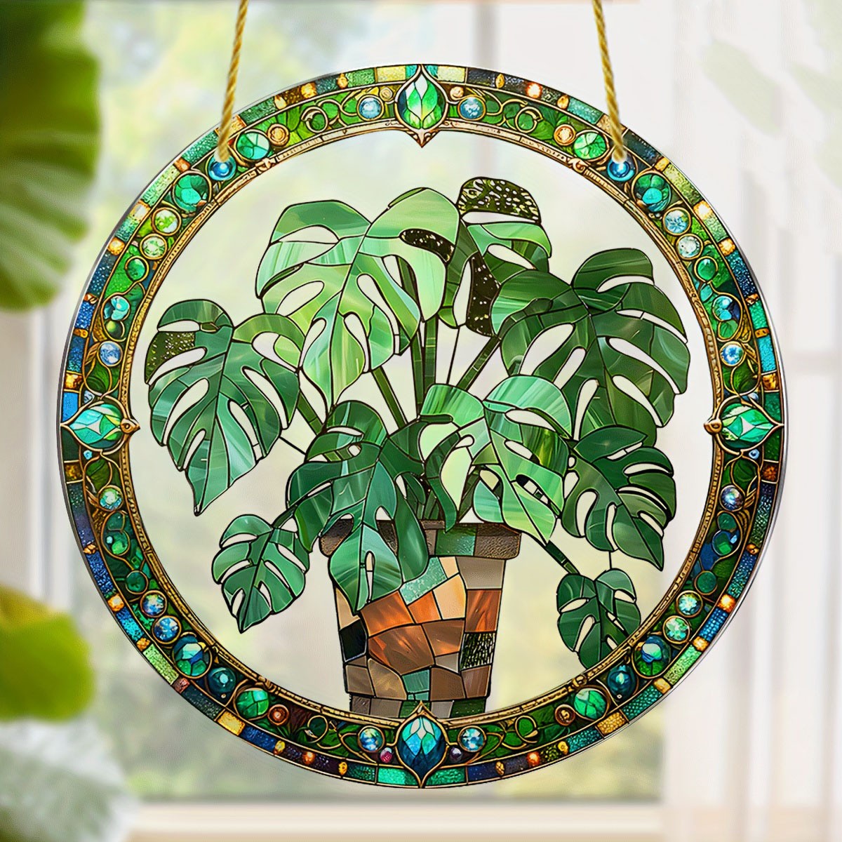 Green Tropical Monstera Potted Printed Acrylic Suncatcher Wall Hanging Ornament