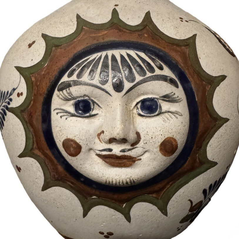 Handcrafted Handpainted Pottery Celestial Sun Face Mexican Tonala Vase