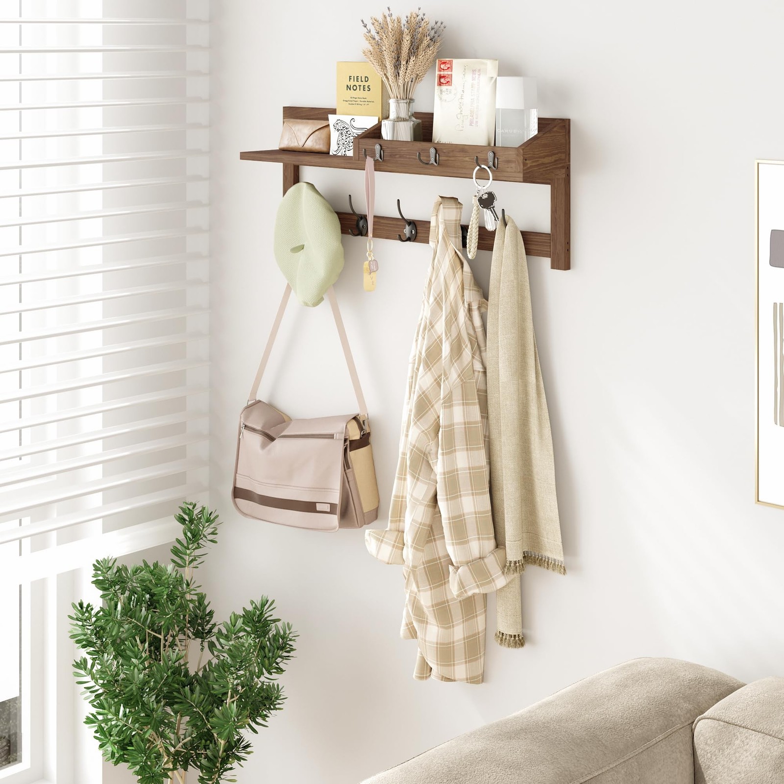 AMBIRD Wall Hooks with Shelf, 26.57 Inch Entryway Wood Coat Hooks for Wall wi…