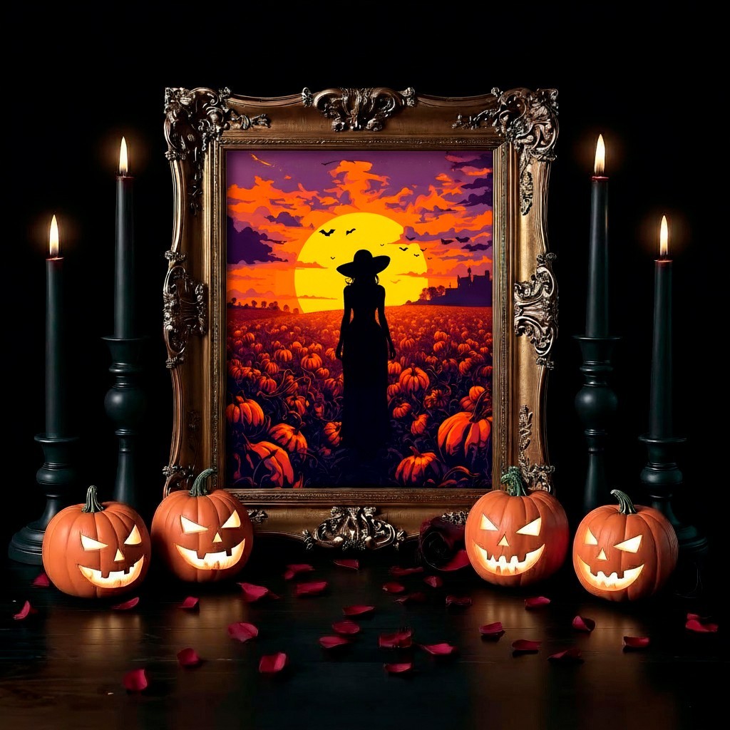 Witch Silhouette Pumpkin Field Wall Art | Halloween Sunset Landscape Print Art