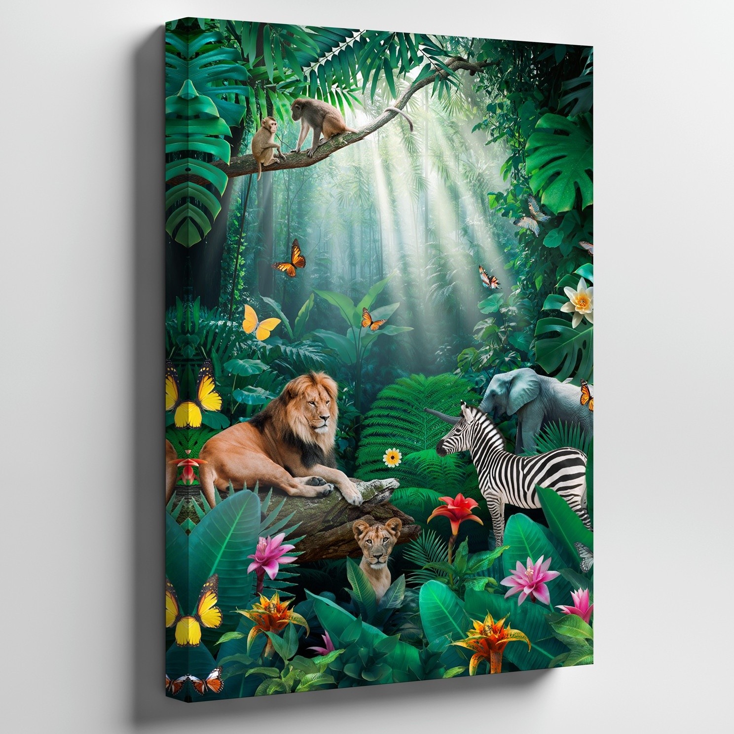 Vibrant Jungle Scene Teeming With Wildlife, Featuring A Majestic Lion Wall Art