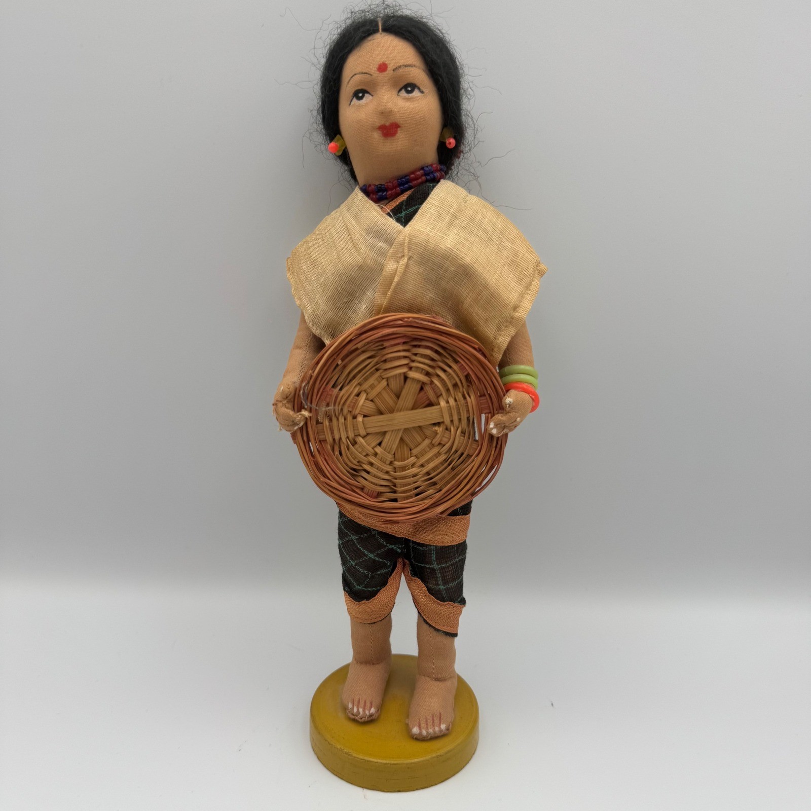 Vintage Folk Art Doll Woman Holding Basket Ethnic Traditional Outfit