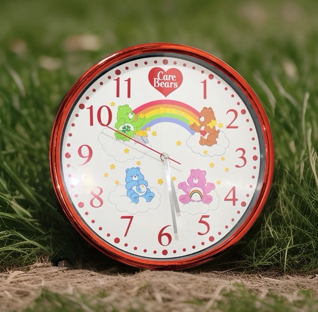 Care Bears Wall Clock 13.5&Prime; Red Metallic Frame Rainbow Clouds Quartz CRB3002