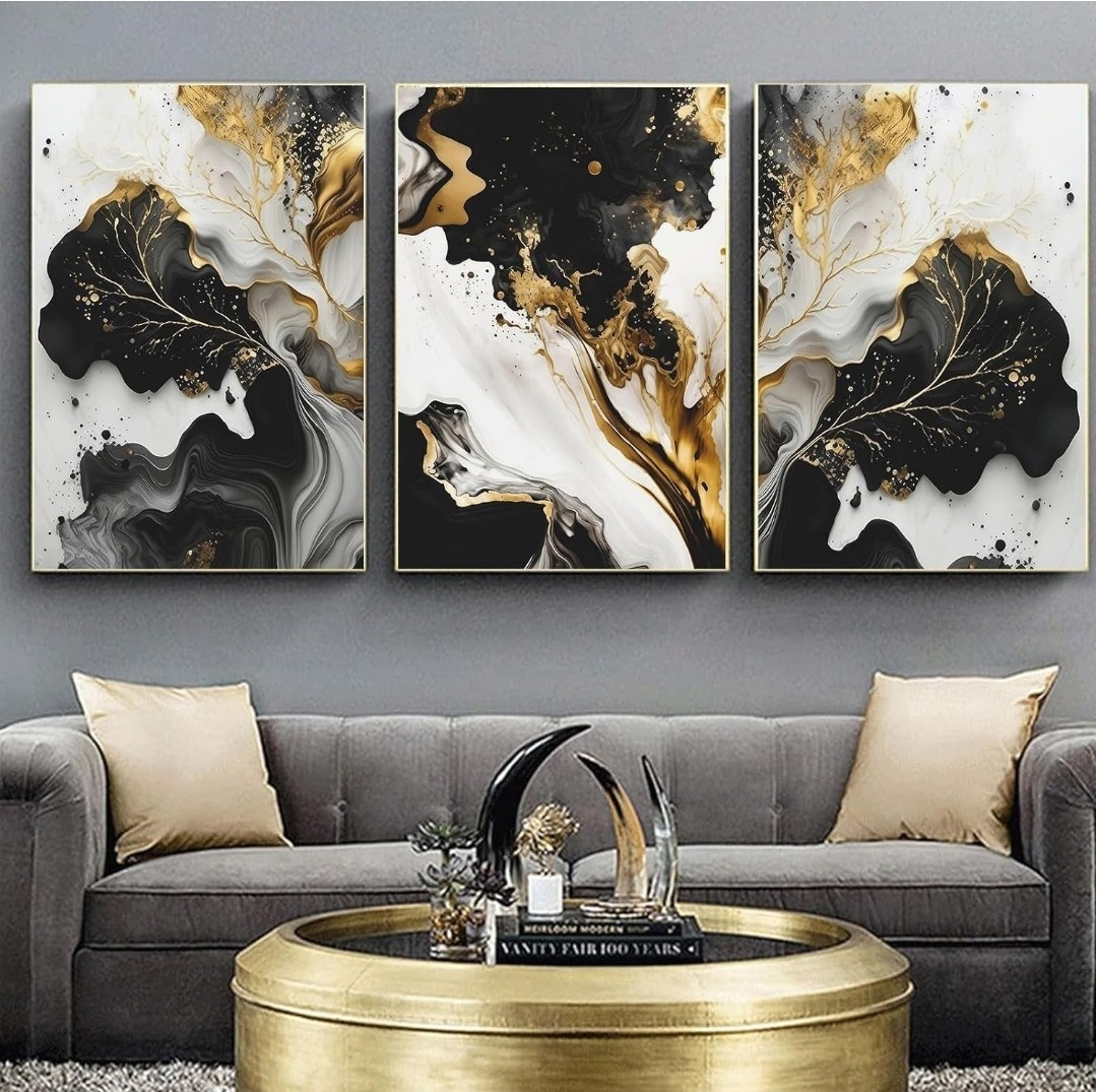 Black and Gold Leaf Wall Art – Abstract Painting With Grey and White – Modern…