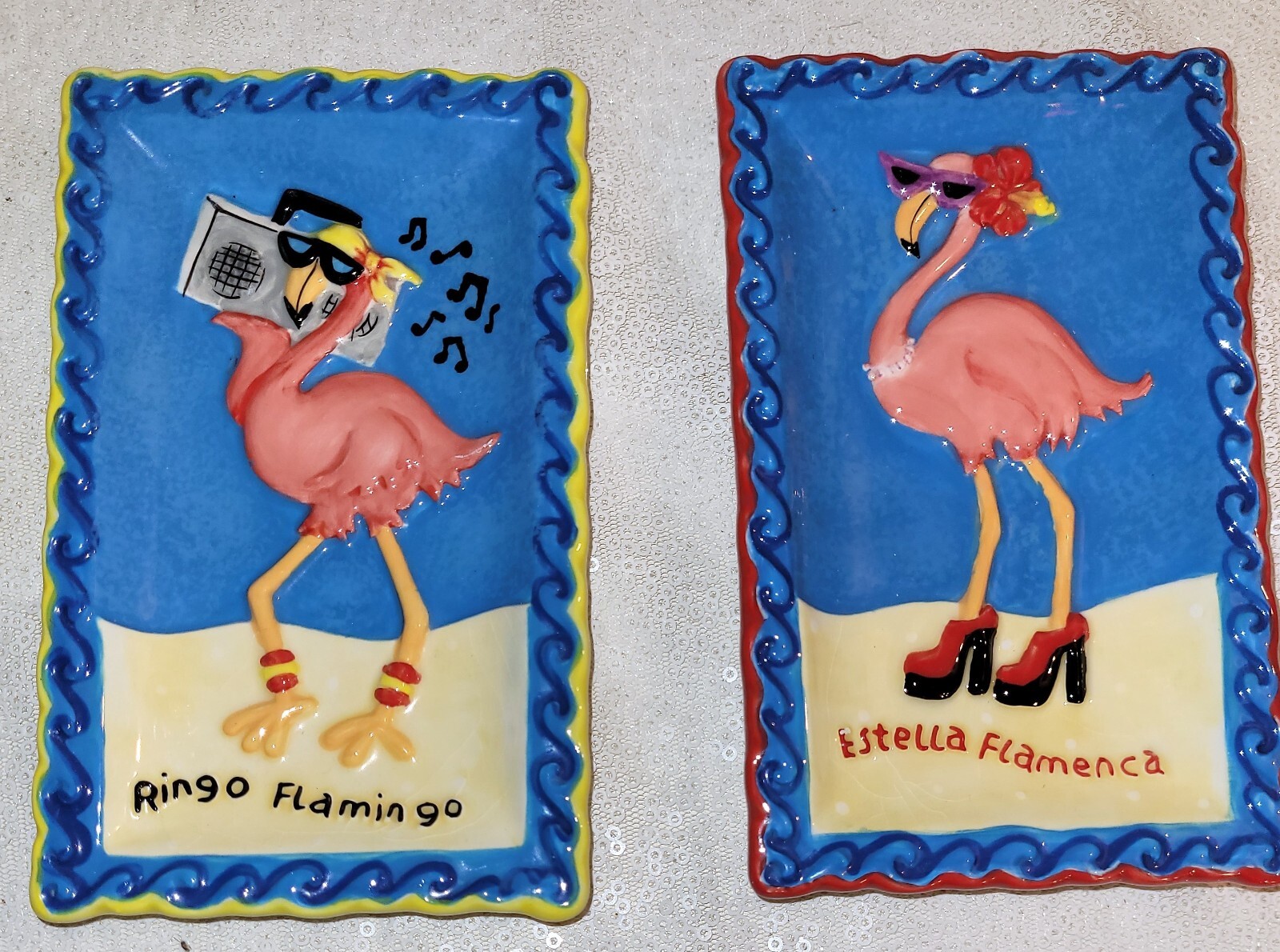 MWW Market 2Pc Fun Flamingos Rectangle 3D Embossed Mini Plate Set 6&Prime; L x 3.75&Prime;W