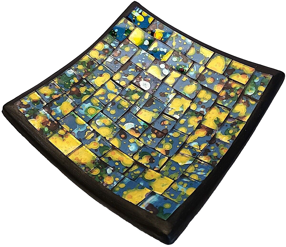 Ceramic and Mosaic Art Glass Tray, Lapis Theme, Small 4.5&Prime; by 4.5&Prime;