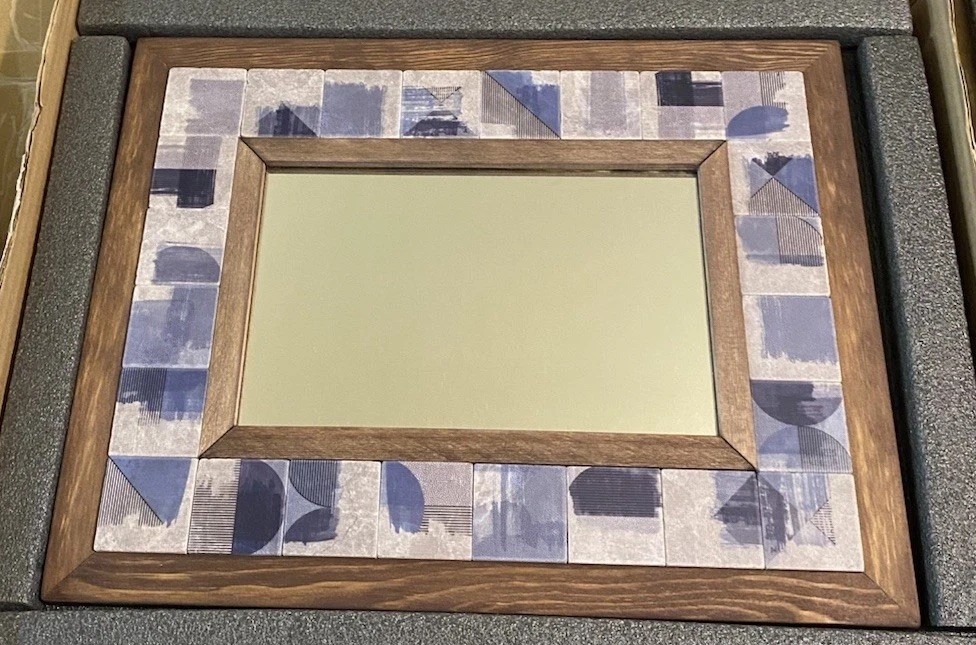 Handcrafted Wall Mounted Mirror in Solid Wood Frame with Pattern Marble Tile