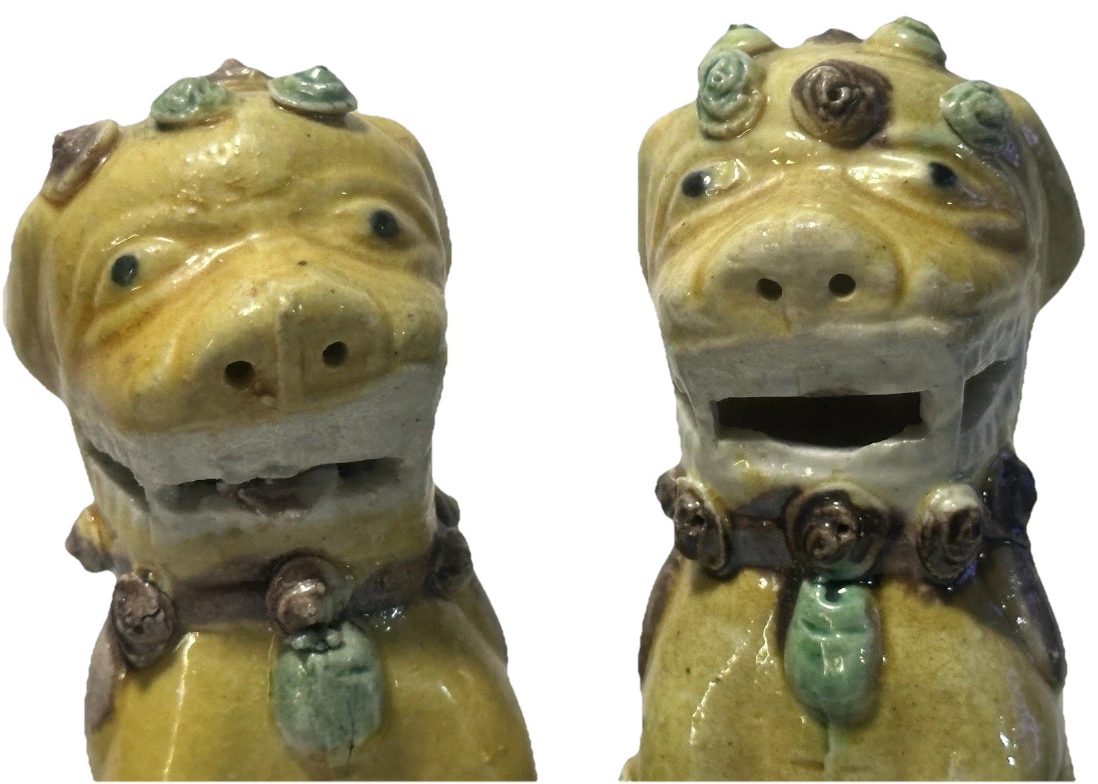FU Foo Dogs Yellow Sancai Guardian Lion Pair Statue Figurines Antique 4.5 in