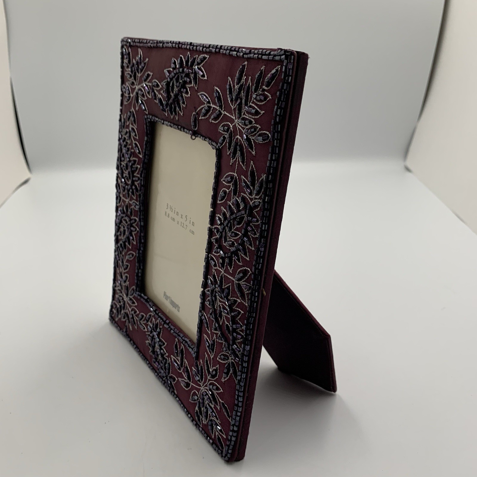 Pier 1 Eggplant Purple Floral Beaded Fabric 3.5×5&Prime; Photo Frame NEW in Box