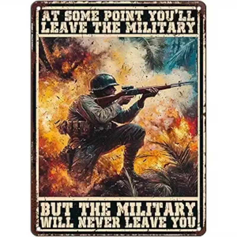 Military Will Never Leave Veteran Metal Sign Decorative Vintage-Look 8 x 12in