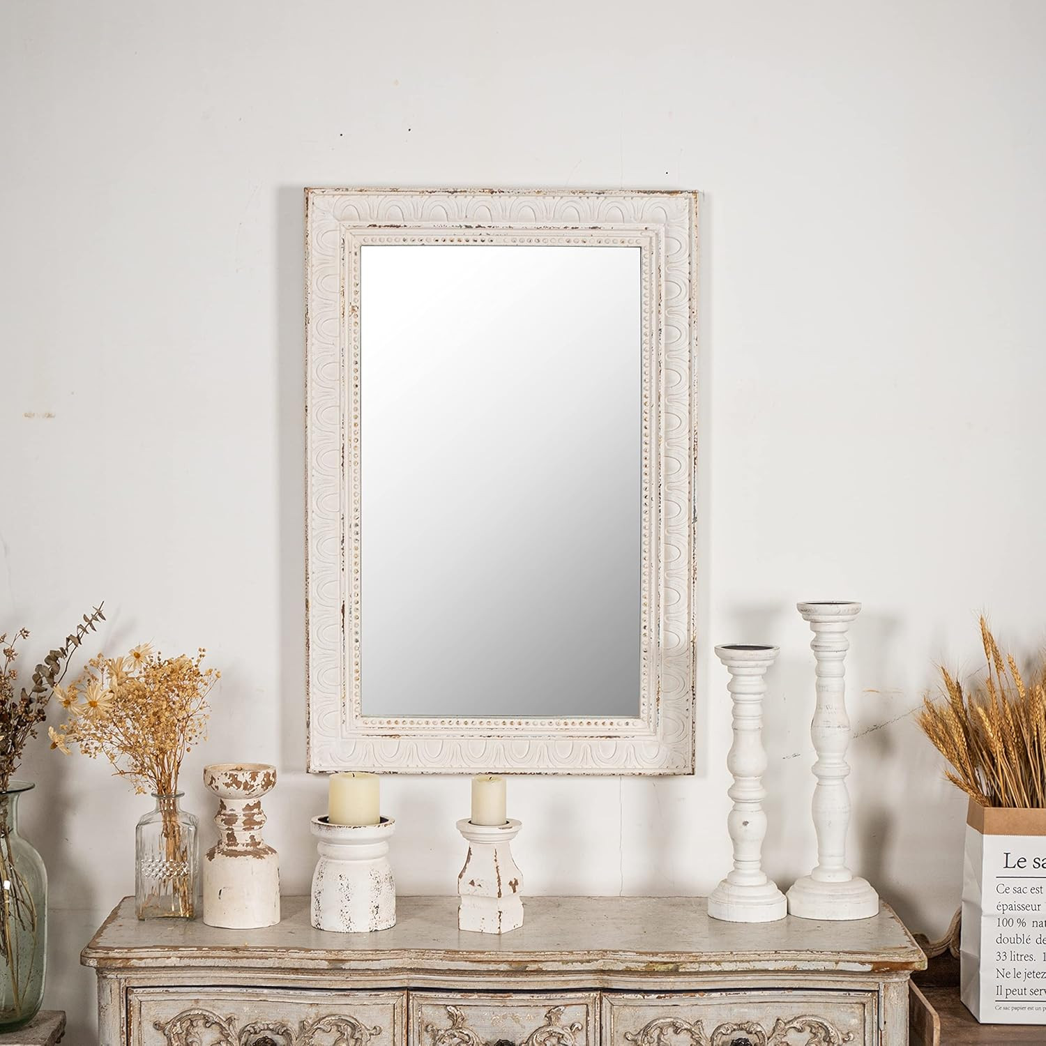Rustic White Vintage Wall Mirror 24×36 Inches – Decorative Home Accent