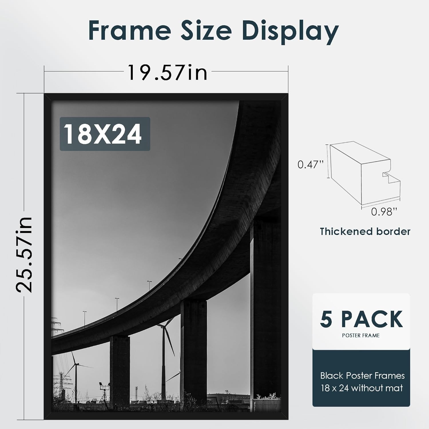 18X24 Frame 5 Pack, Black Poster Frames 18 X 24 for Horizontal or Vertical Wall