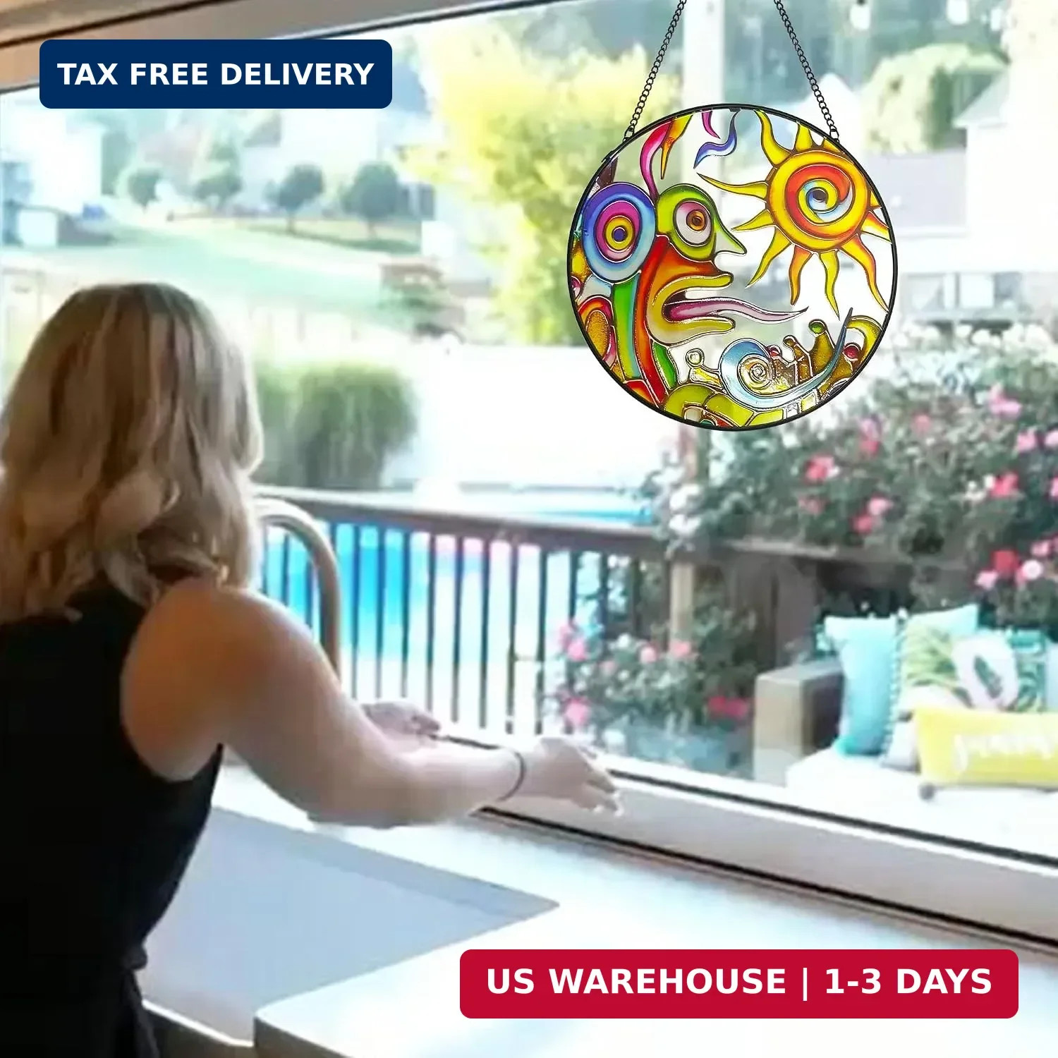 Artistic Sunrise Suncatcher Stained Glass Window Hanging, 7.9 » Abstract Sun Fac