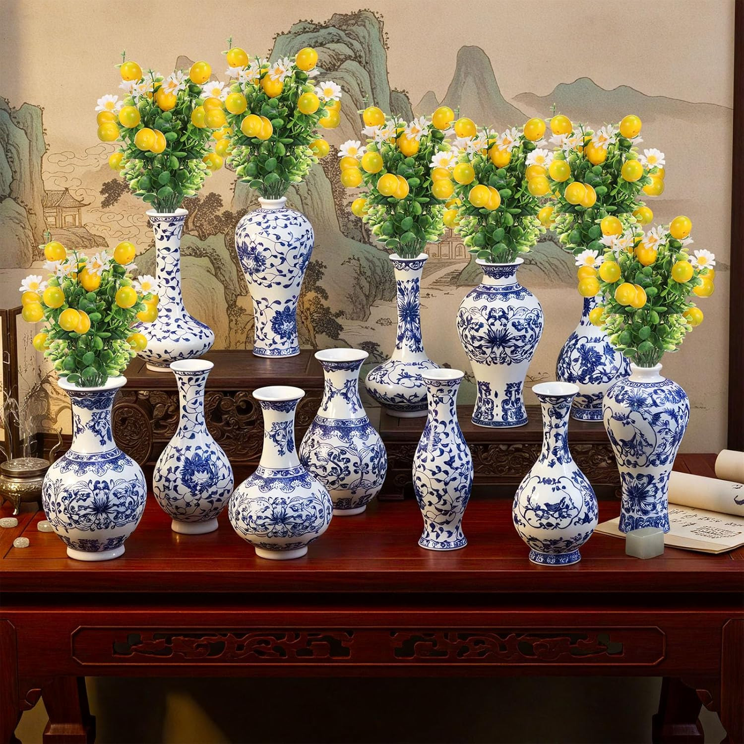 12 Blue Porcelain Vases with Lemon Branches for Mediterranean Table Decor